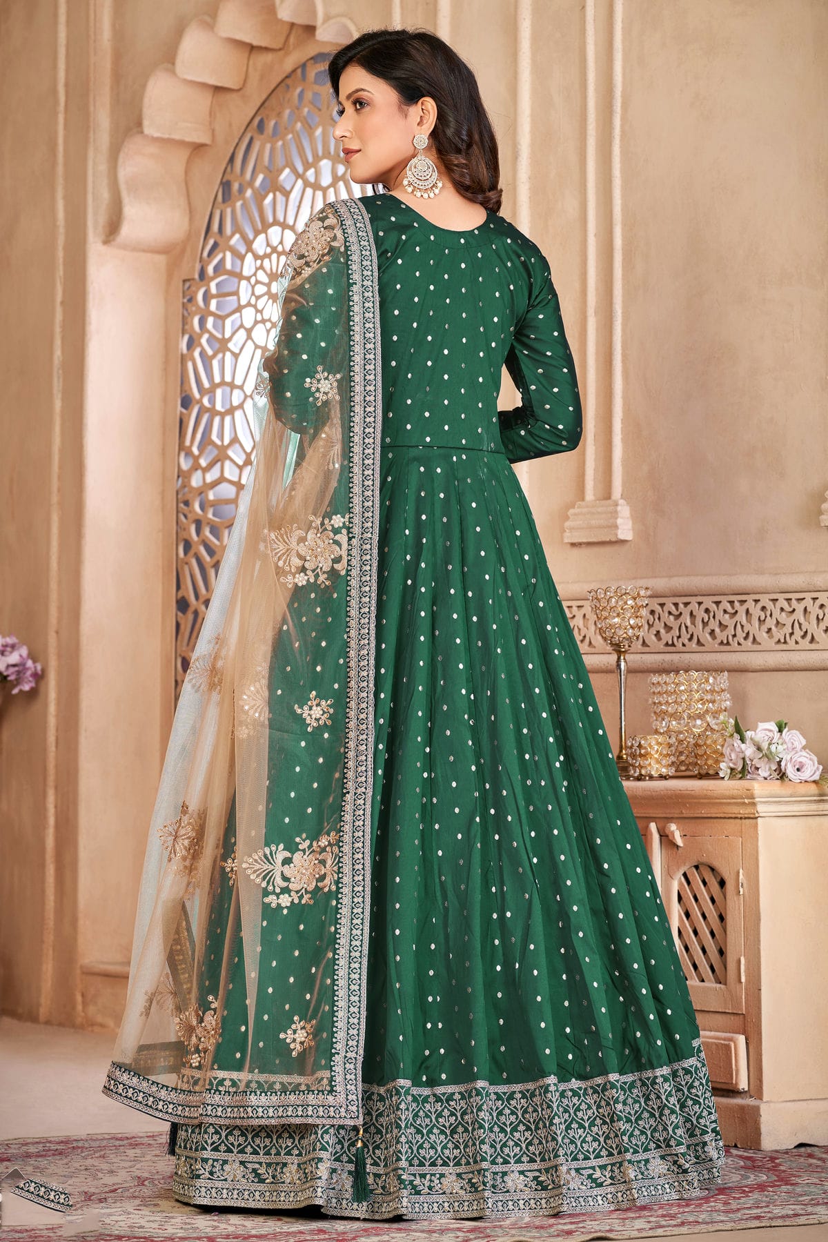 Green Colour Semi Stitched Taffeta Silk Anarkali Suit VSSM1050420