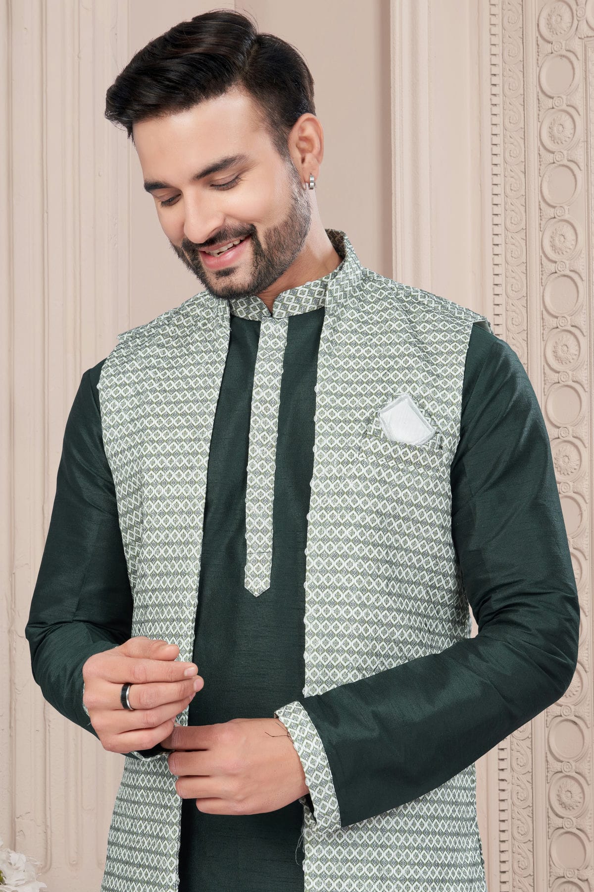 Green Colour Silk Dupion Jacket Kurta Pajama VSKP1040658