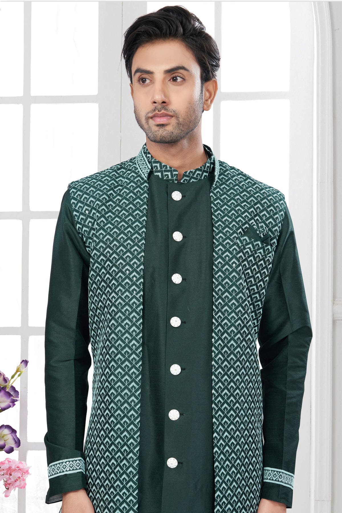 Green Colour Silk Dupion Sherwani VSSH1040584
