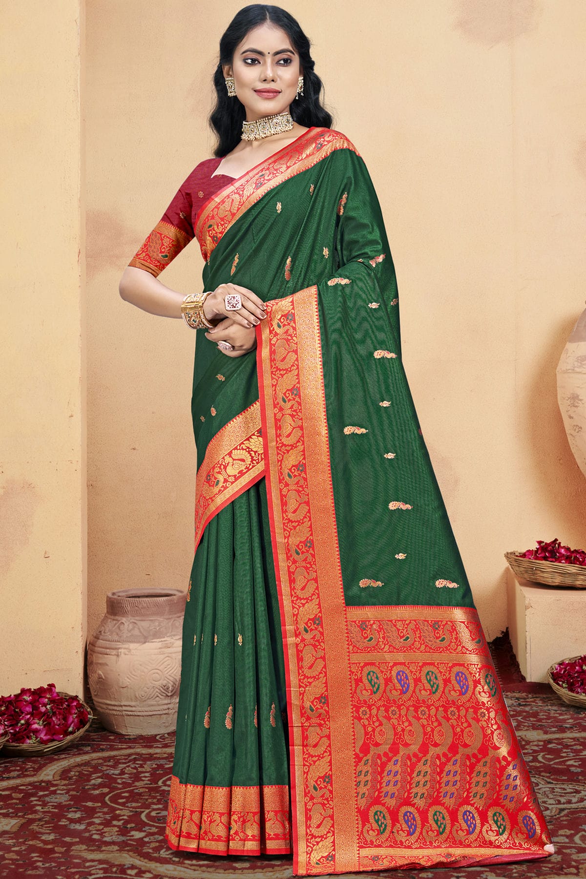 Green Colour Silk Woven Work Traditional Saree