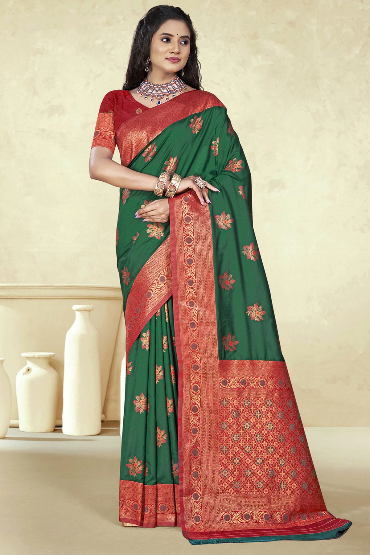 Green Colour Silk Woven Work Traditional Saree