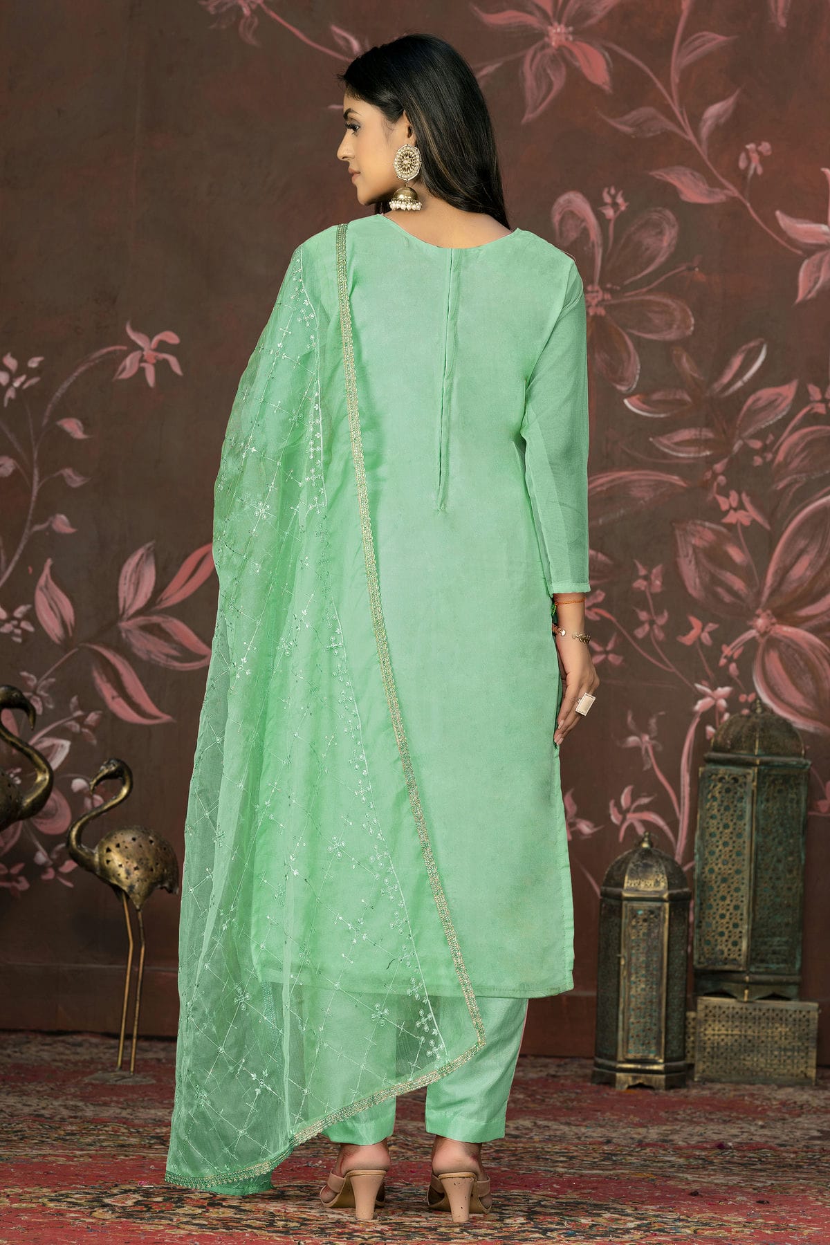 Green Colour Unstitched Organza Pant Style Suit VSUS1160846