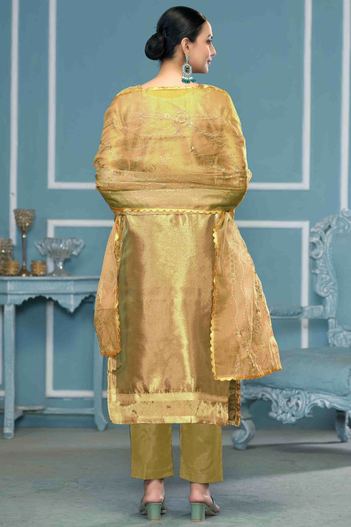 Green Colour Viscose Organza Pant Style Suit VSSM1113195