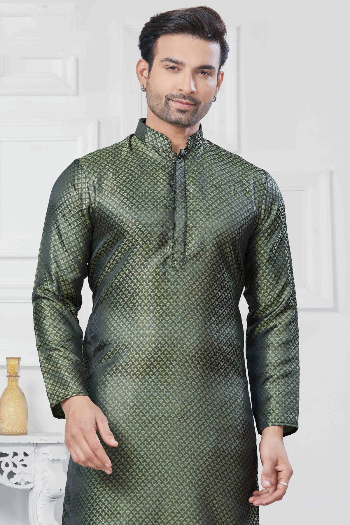 Green Colour Woven Jacquard Silk Kurta Pajama VSKP1113448
