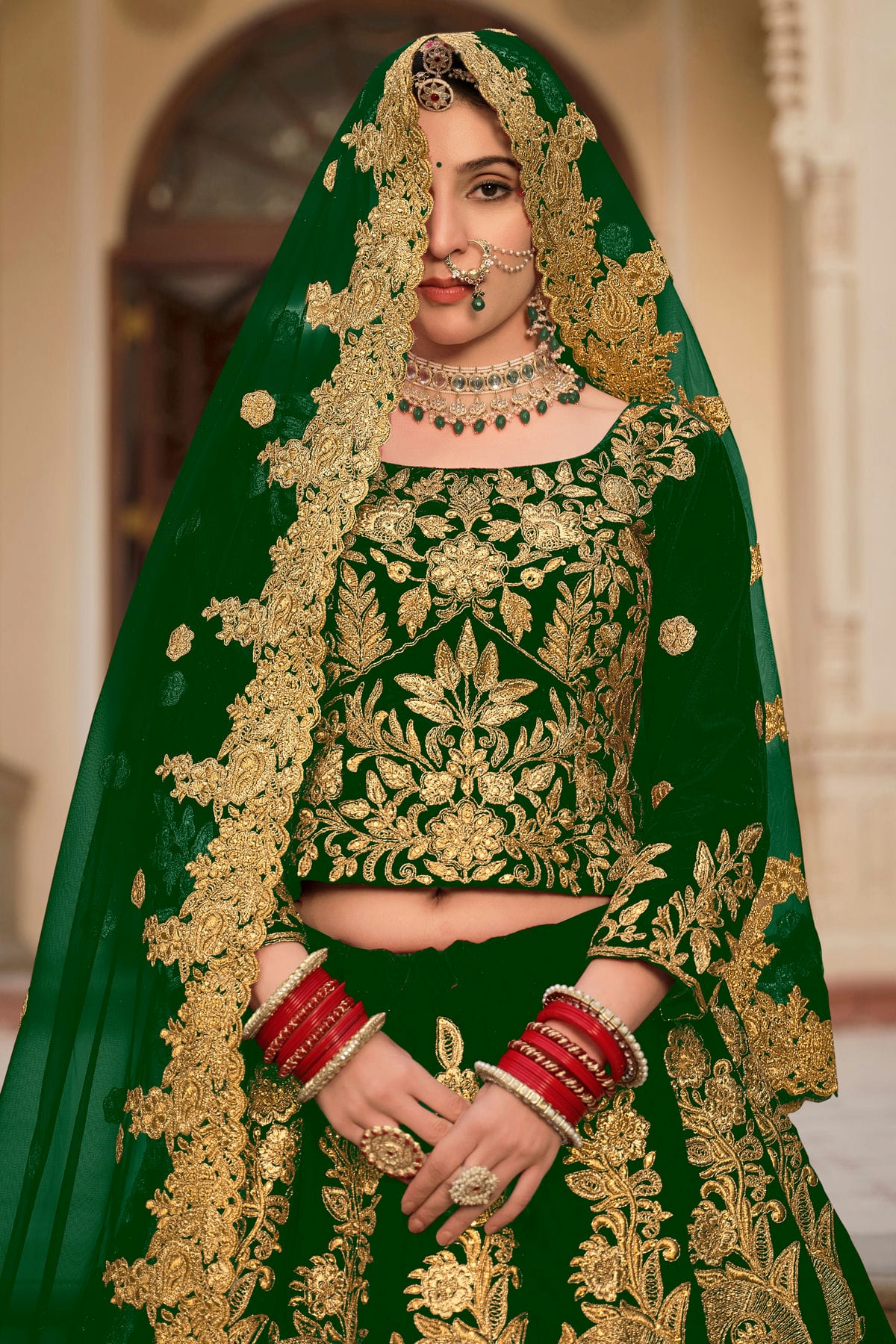 Green Embroidery Velvet Lehenga Choli