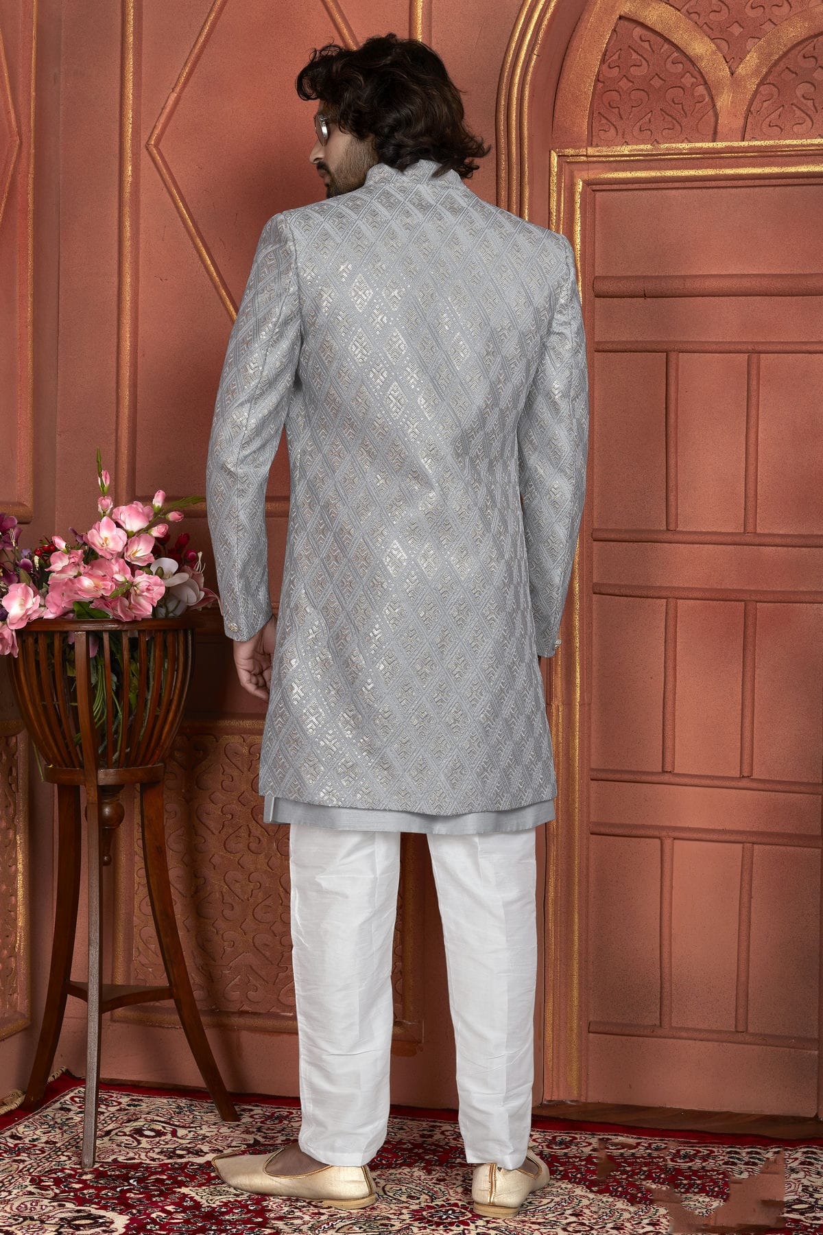 Grey Colour Art Silk Indowestern Sherwani With Aligadhi Pant VSSH1230007