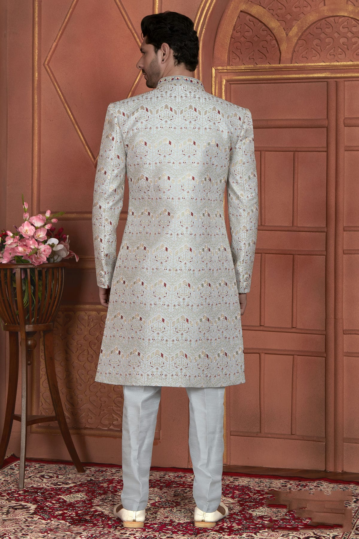 Grey Colour Art Silk Indowestern Sherwani With Aligadhi Pant VSSH1230011