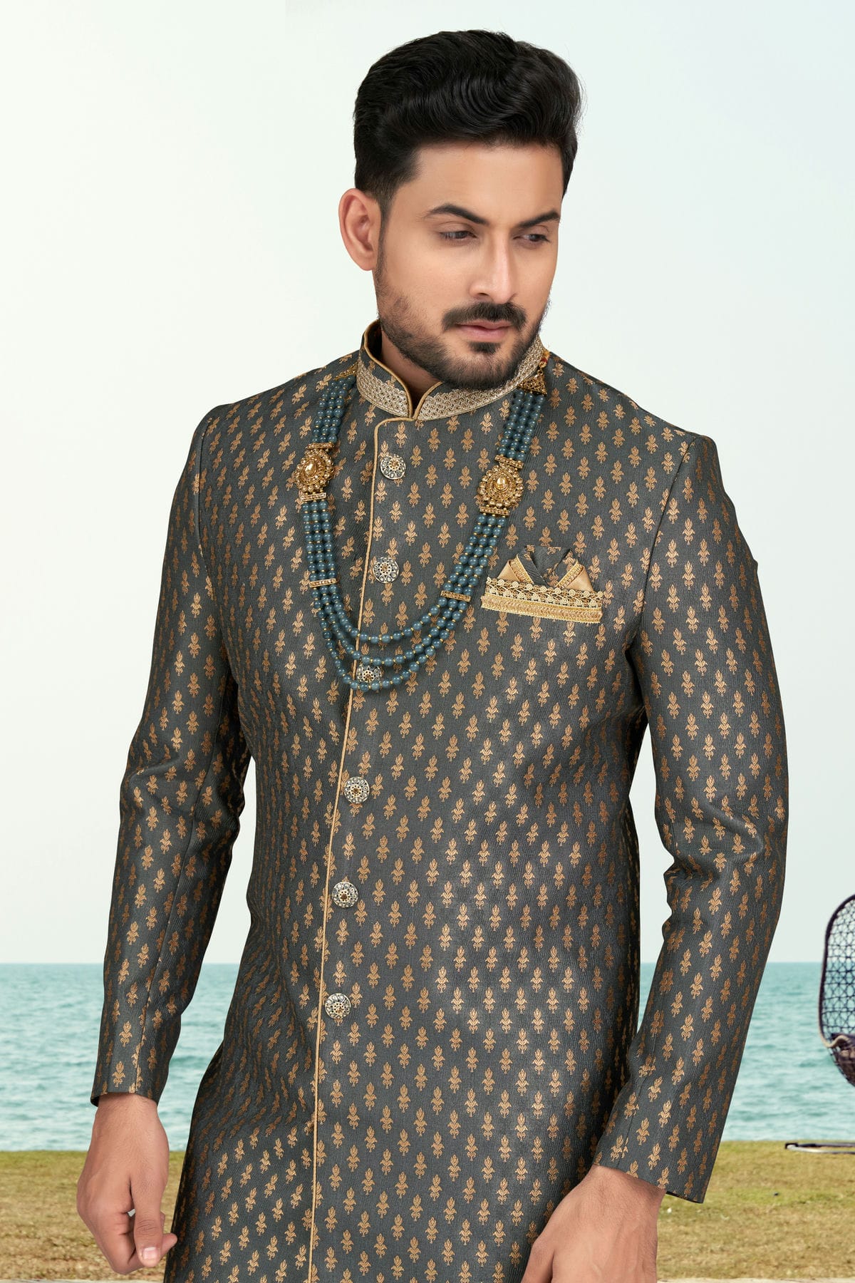 Grey Colour Jacquard Indo Western Sherwani VSSH1040505