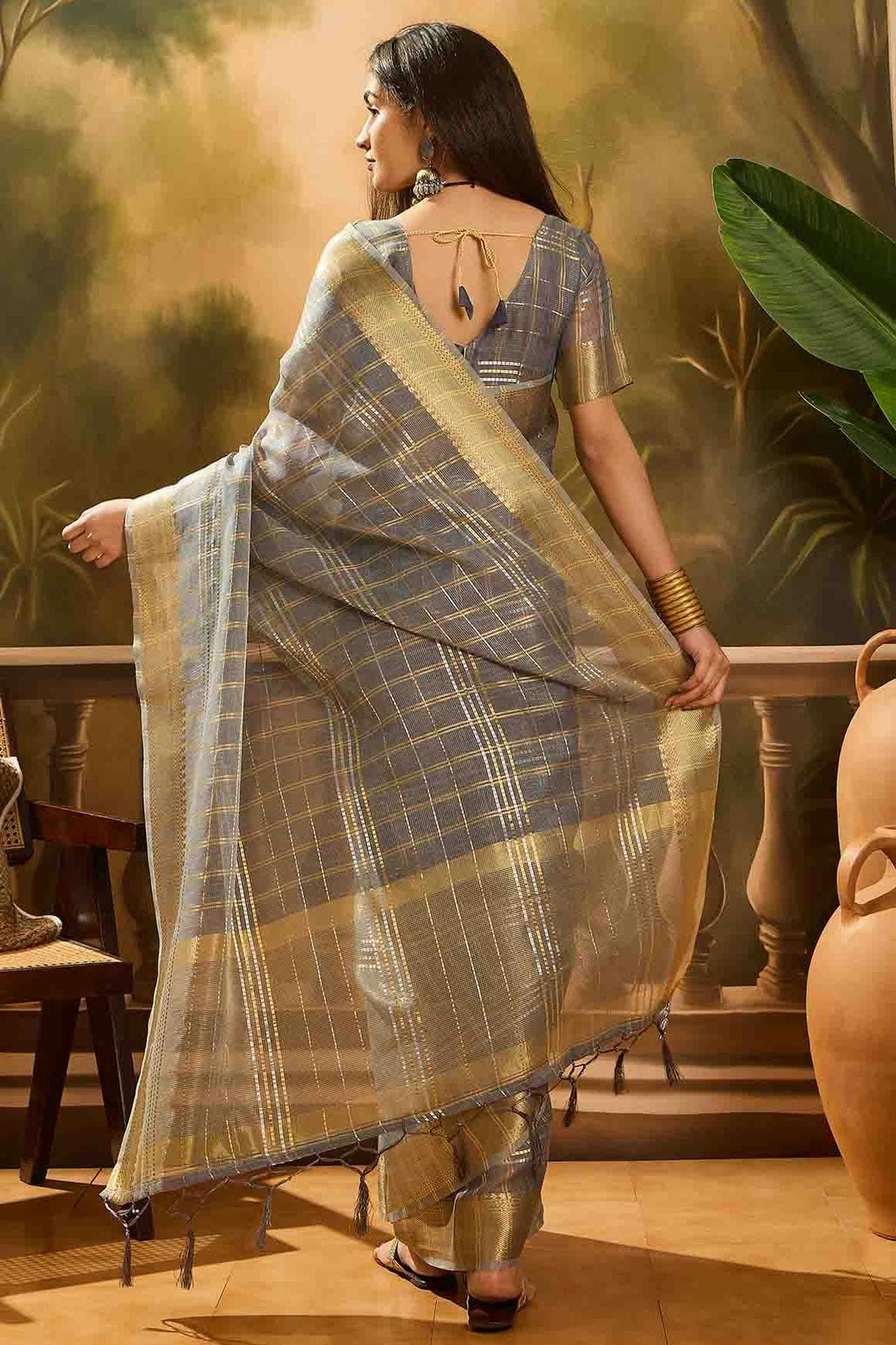 Grey Colour Khadi Organza Traditional Saree VSSD1113880