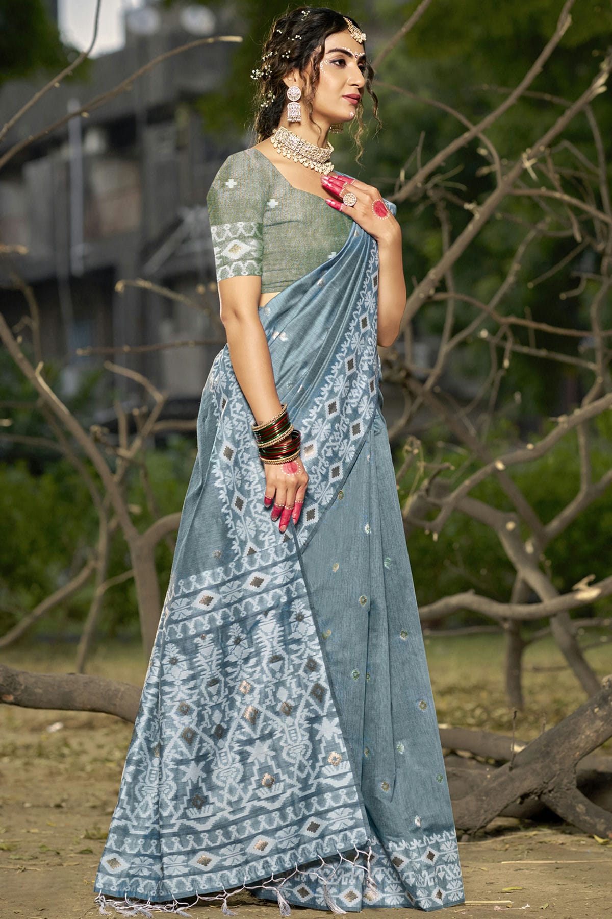 Grey Colour Linen Cotton Woven Work Traditional Saree