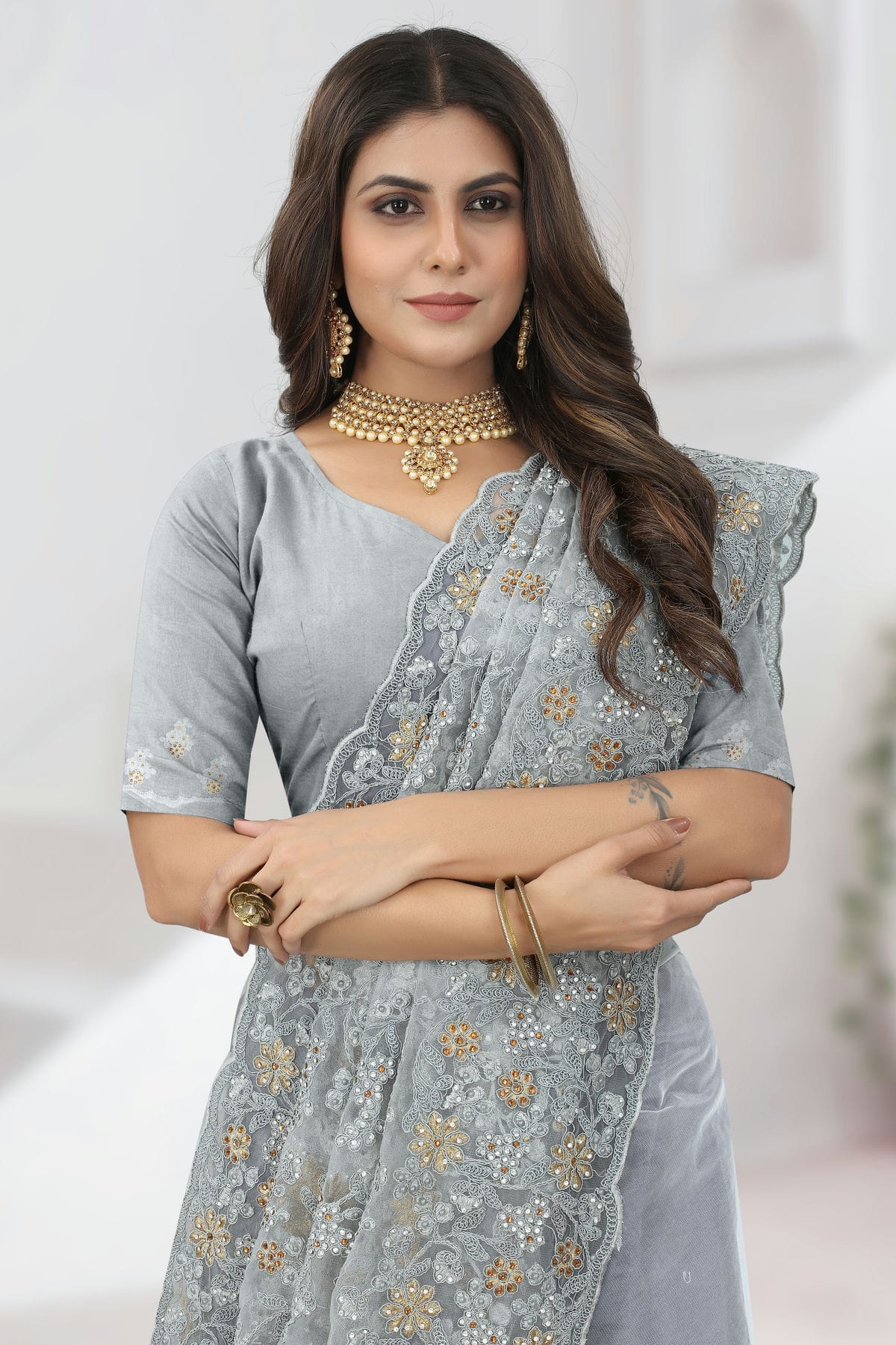 Grey Colour Net Designer Saree