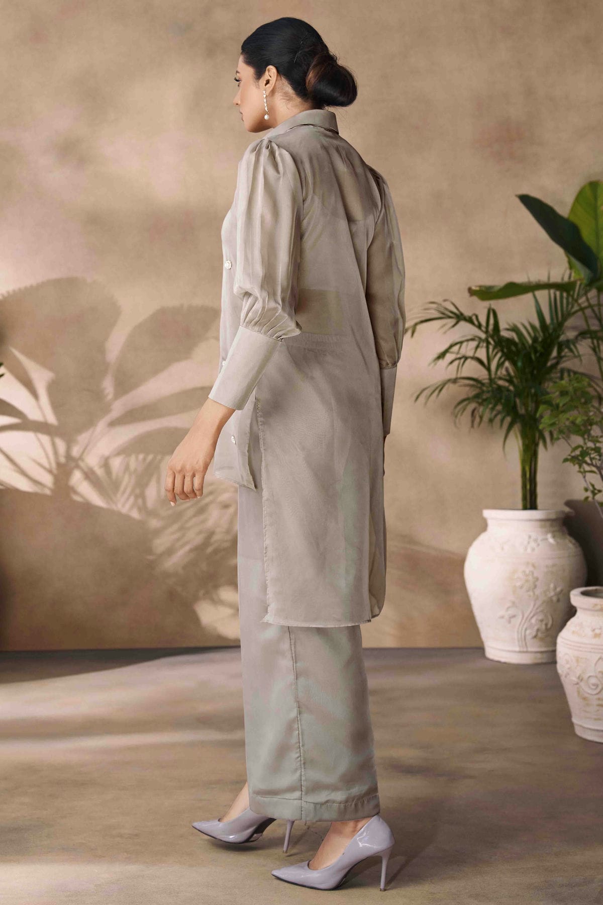 Grey Colour Organza Co-Ord Set VSTP1080953