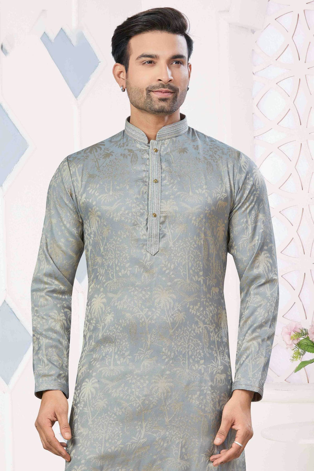 Grey Colour Pintex Work and Woven Jacquard Silk Kurta Pajama VSKP1113407