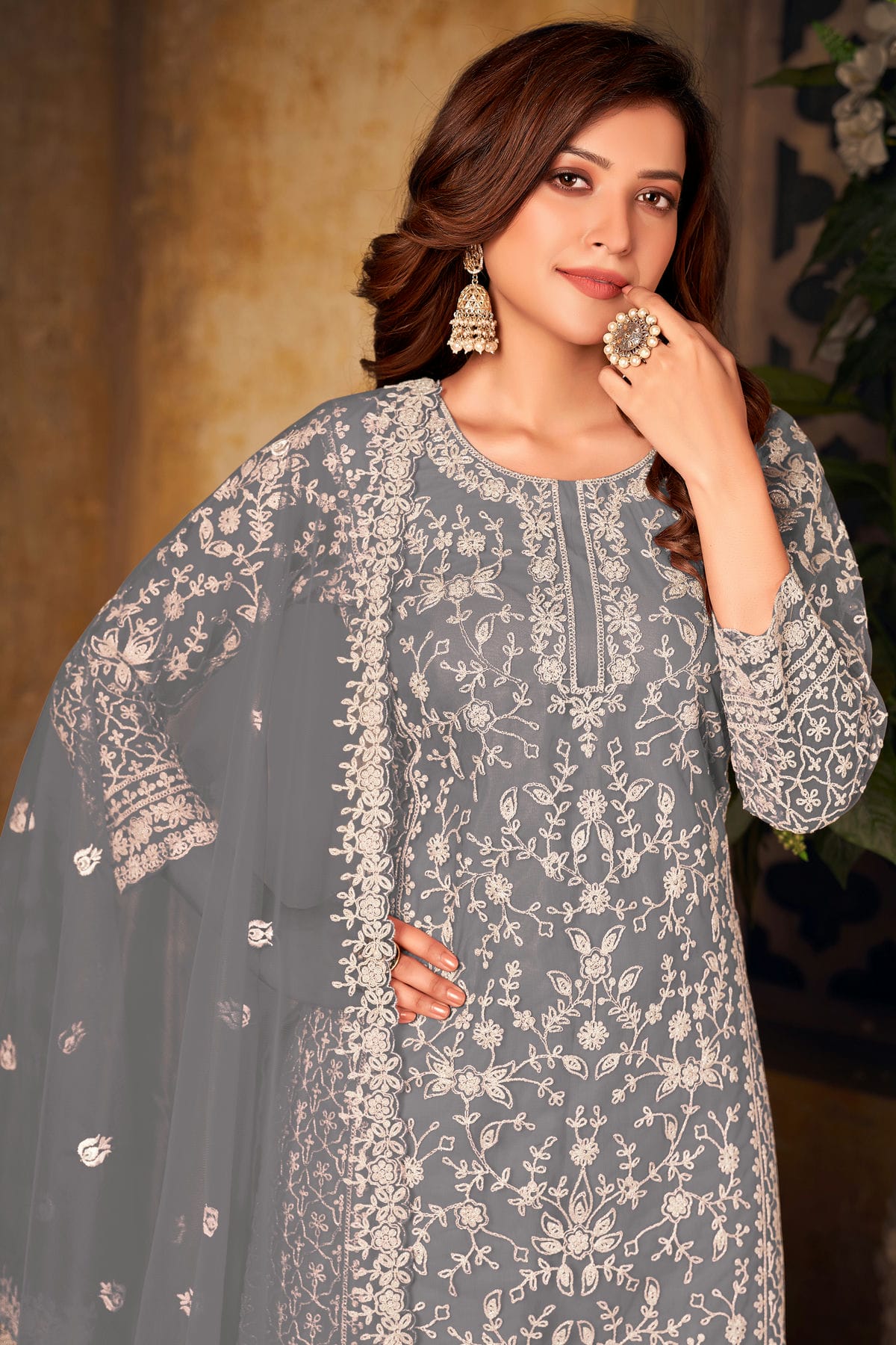 Grey Colour Plazoo Pant Suit Net Semi Stitched VSSM1050526