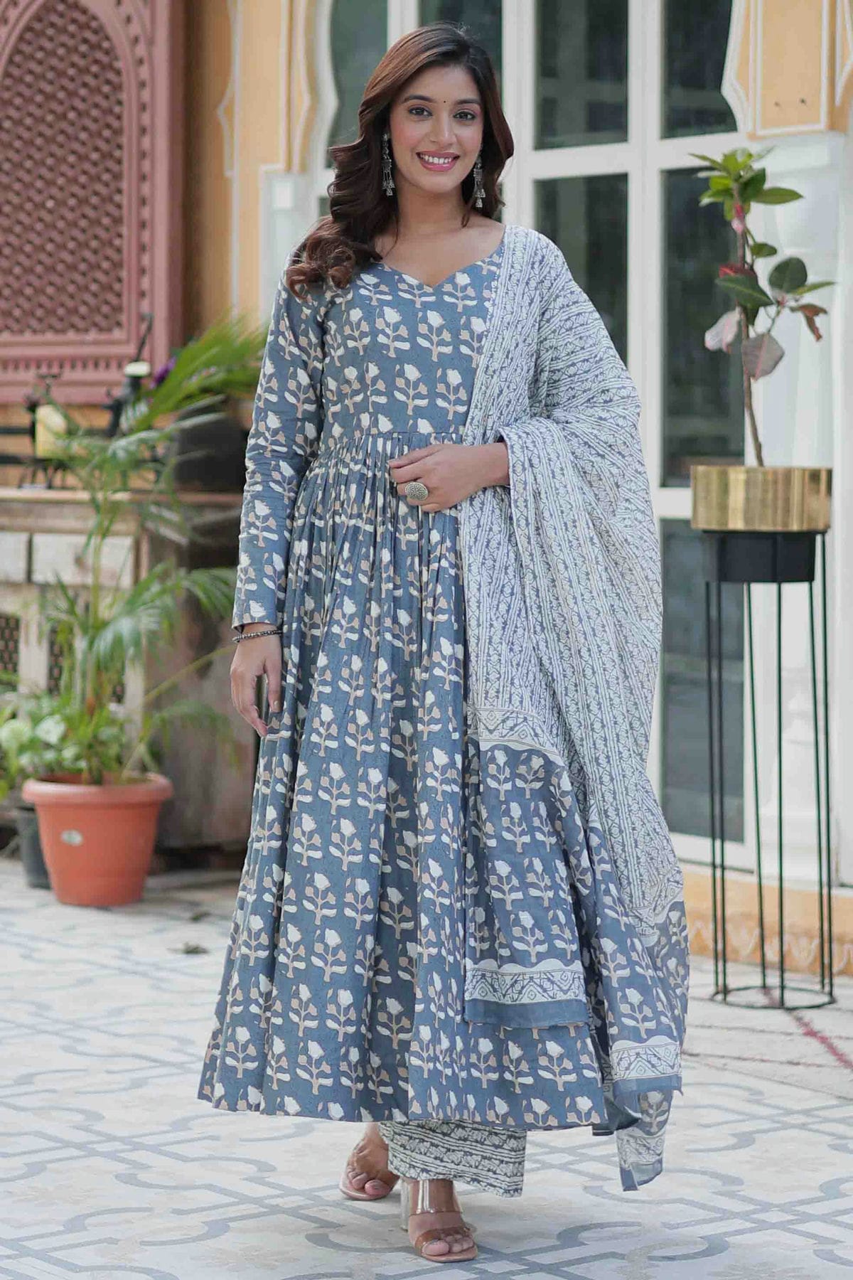 Shop Grey Colour Printed Cotton Anarkali Suit VSSS  vastradi.com