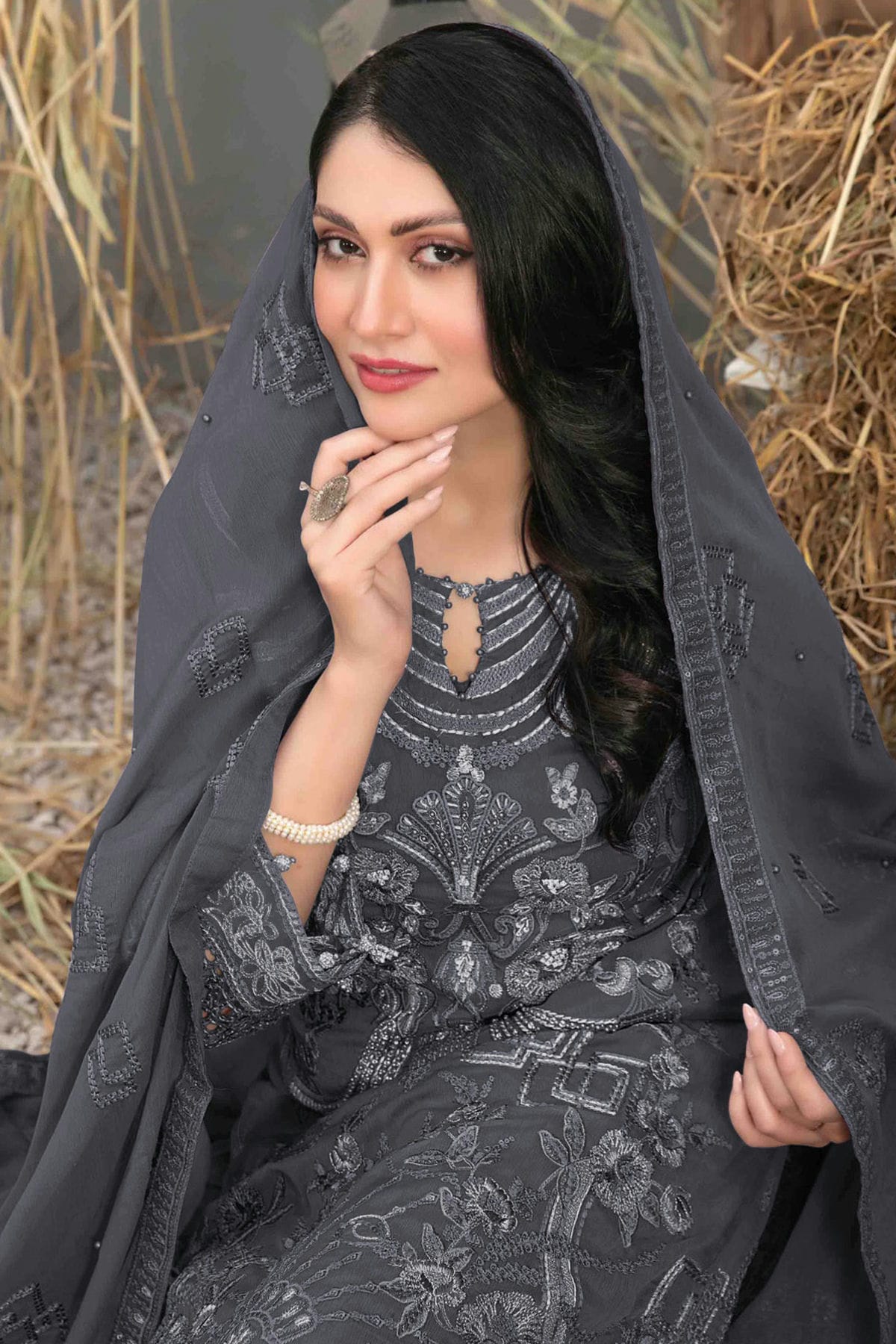 Grey Colour Semi Stitched Faux Georgette Pakistani Suit VSSM1140641