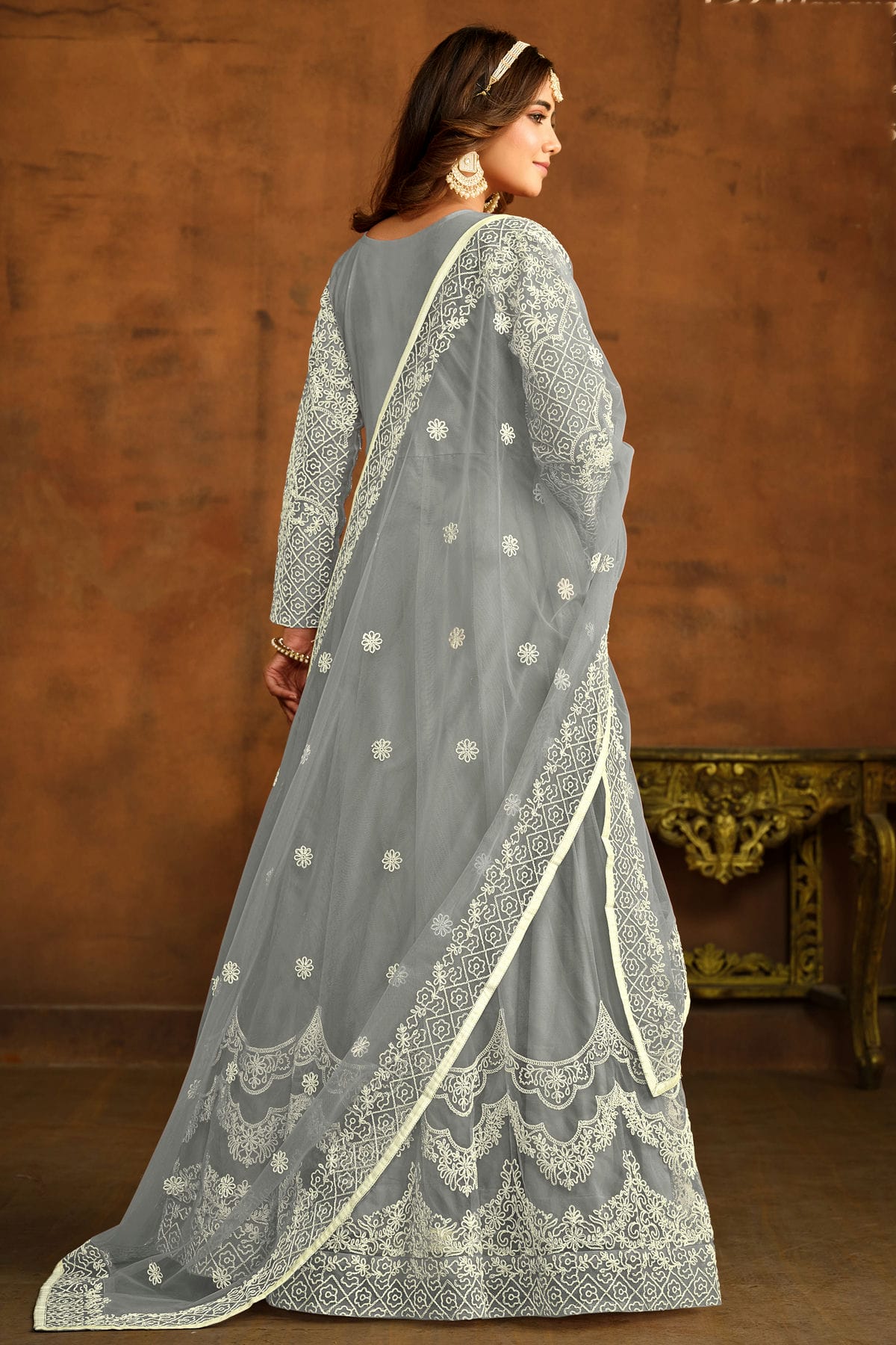 Grey Colour Semi Stitched Net Anarkali Suit VSSM1050444