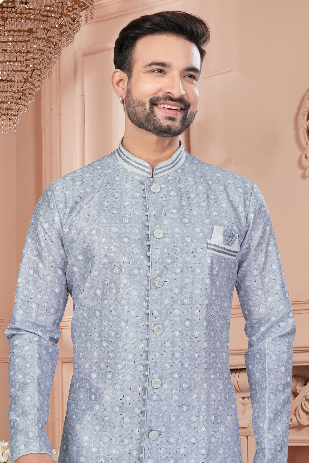 Grey Colour Silk Dupion Sherwani VSSH1040595