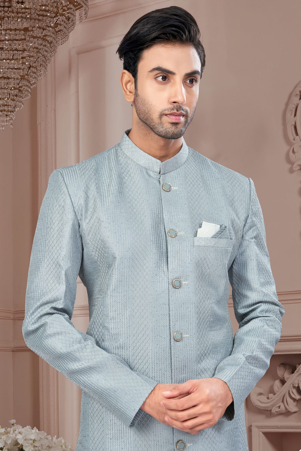 Grey Colour Silk Dupion Sherwani VSSH1040613