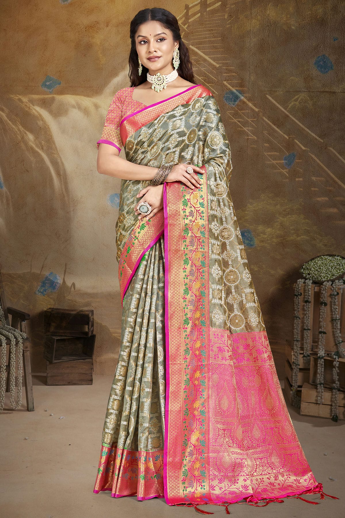 Grey Colour Silk Traditional Saree