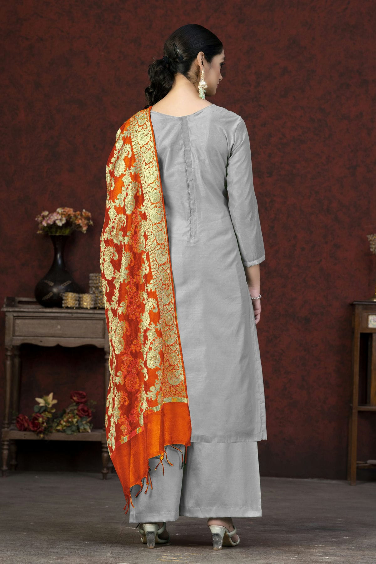 Grey Colour Unstitched Banarasi Jacquard Palazoo Pant Suit VSUS1161379
