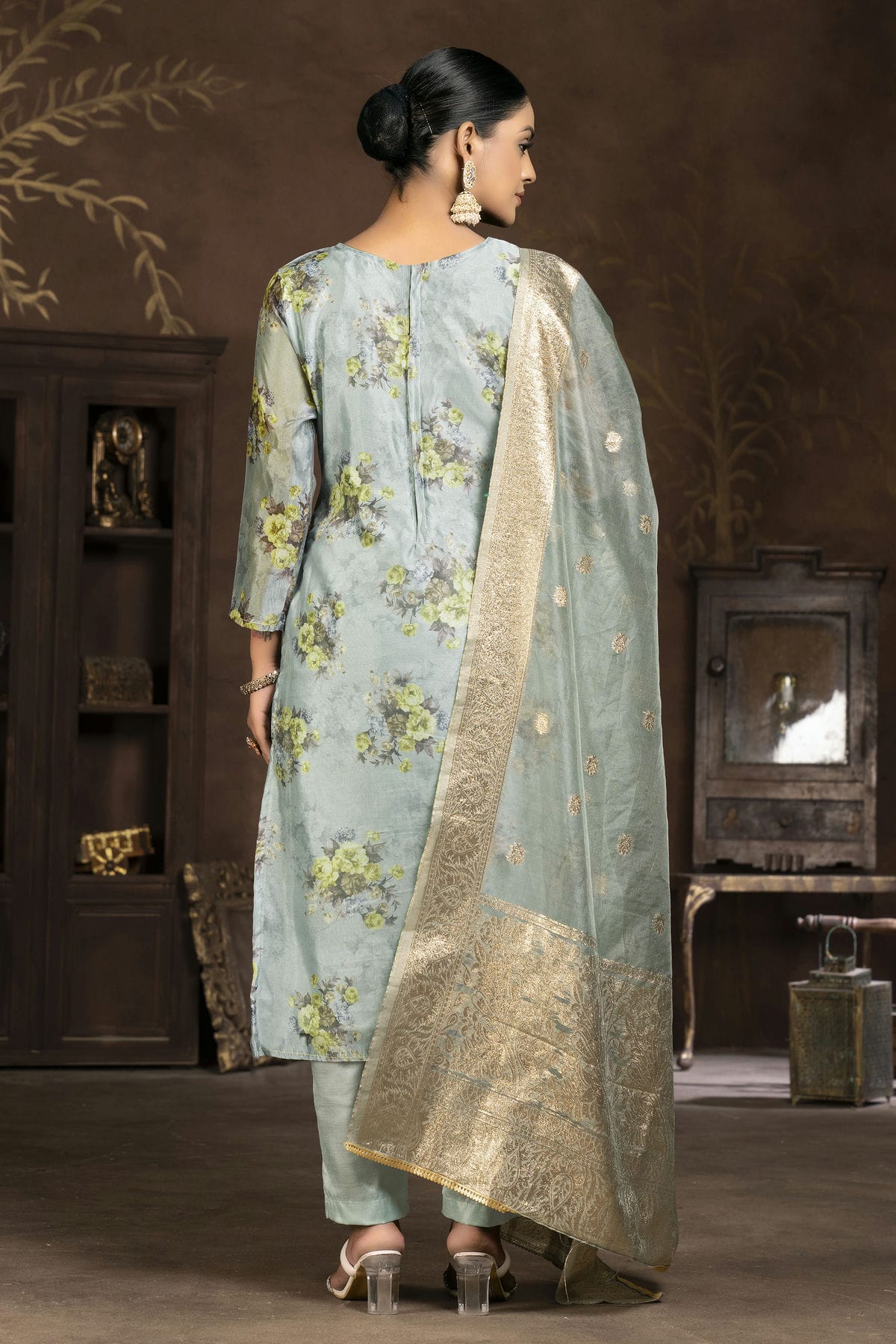 Grey Colour Unstitched Organza Pant Style Suit VSUS1161252