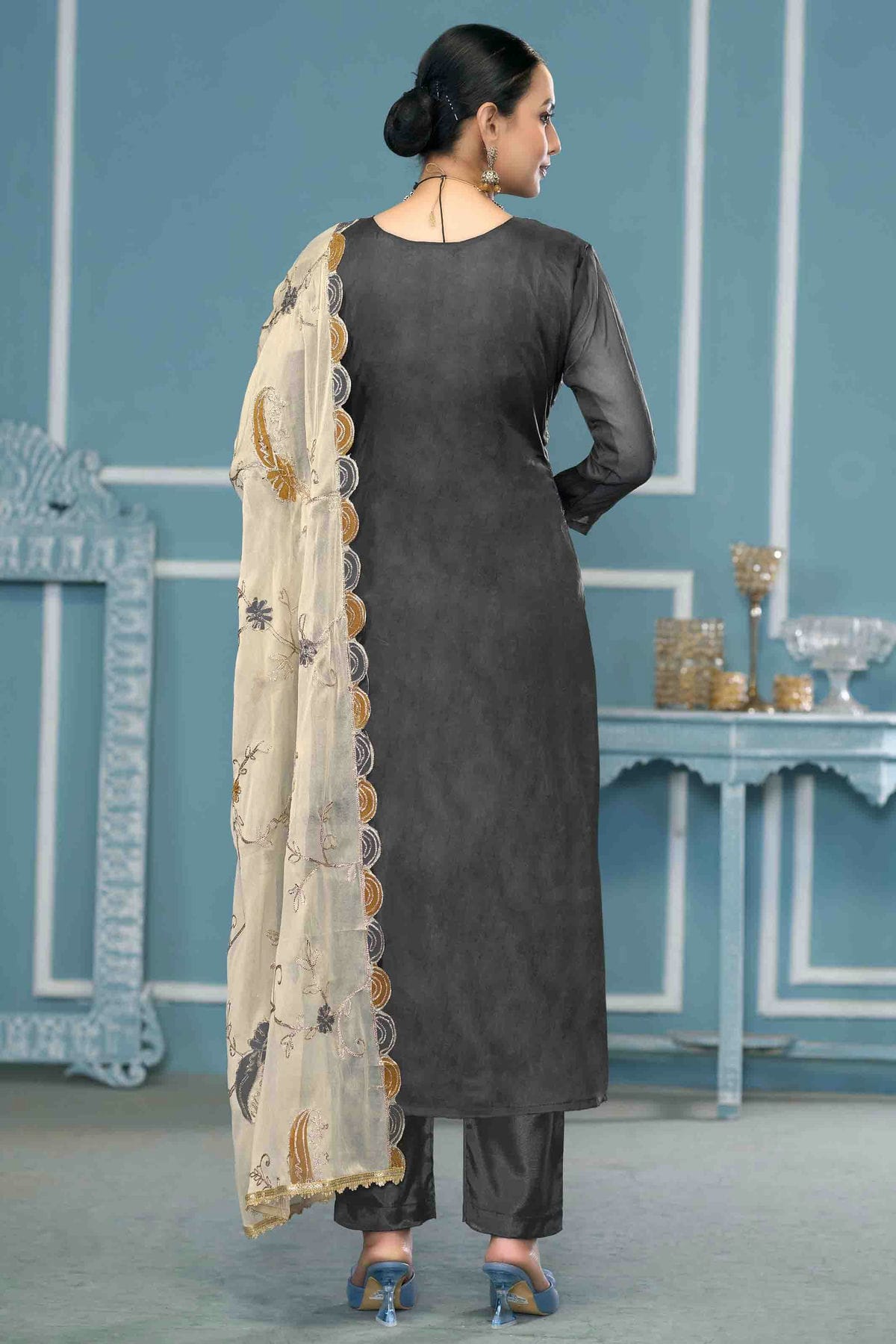 Grey Colour Viscose Organza Pant Style Suit VSSM1113262