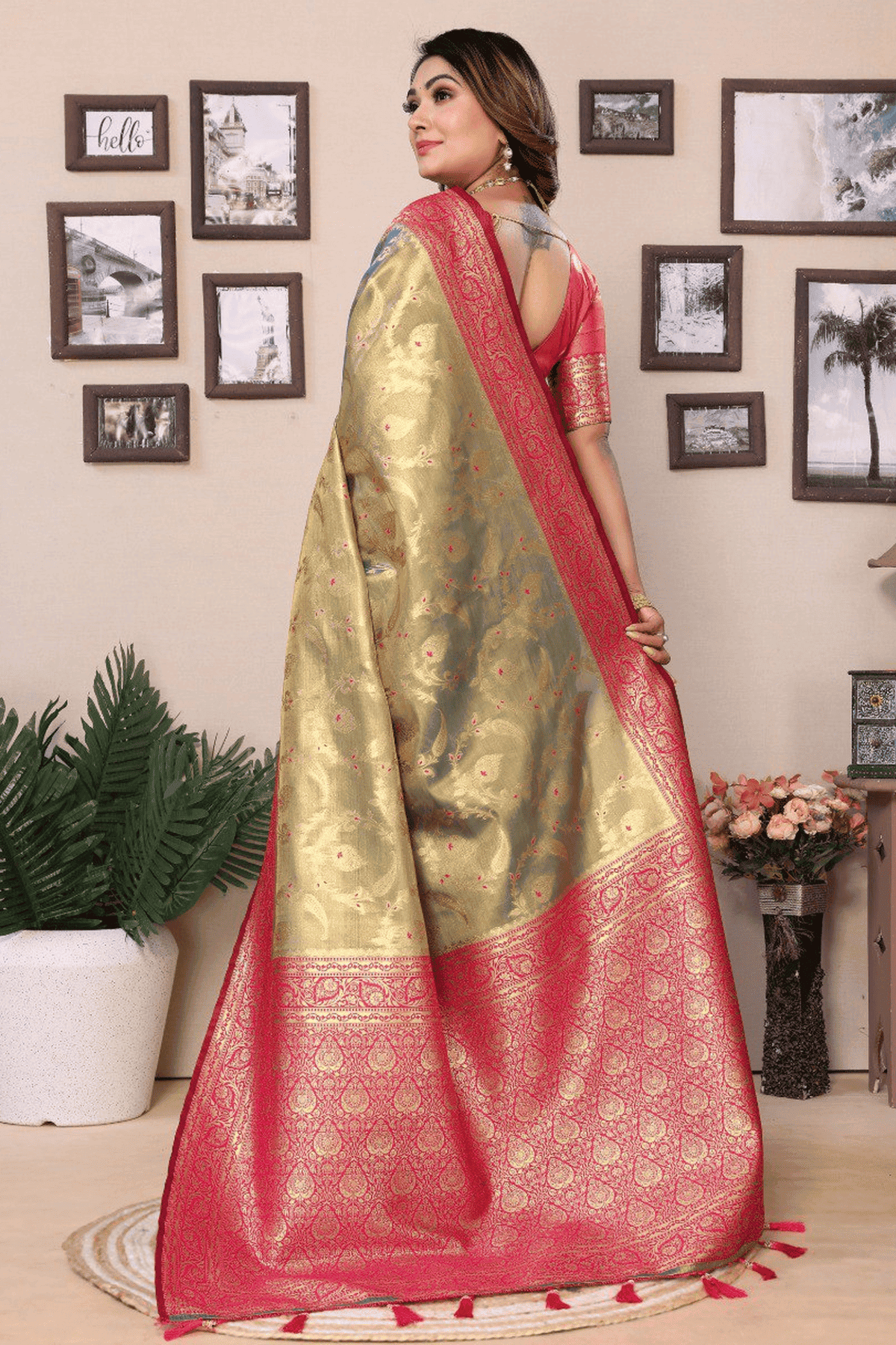 Grey Colour Woven Work Pure Banarasi Tissue Silk Traditional Saree