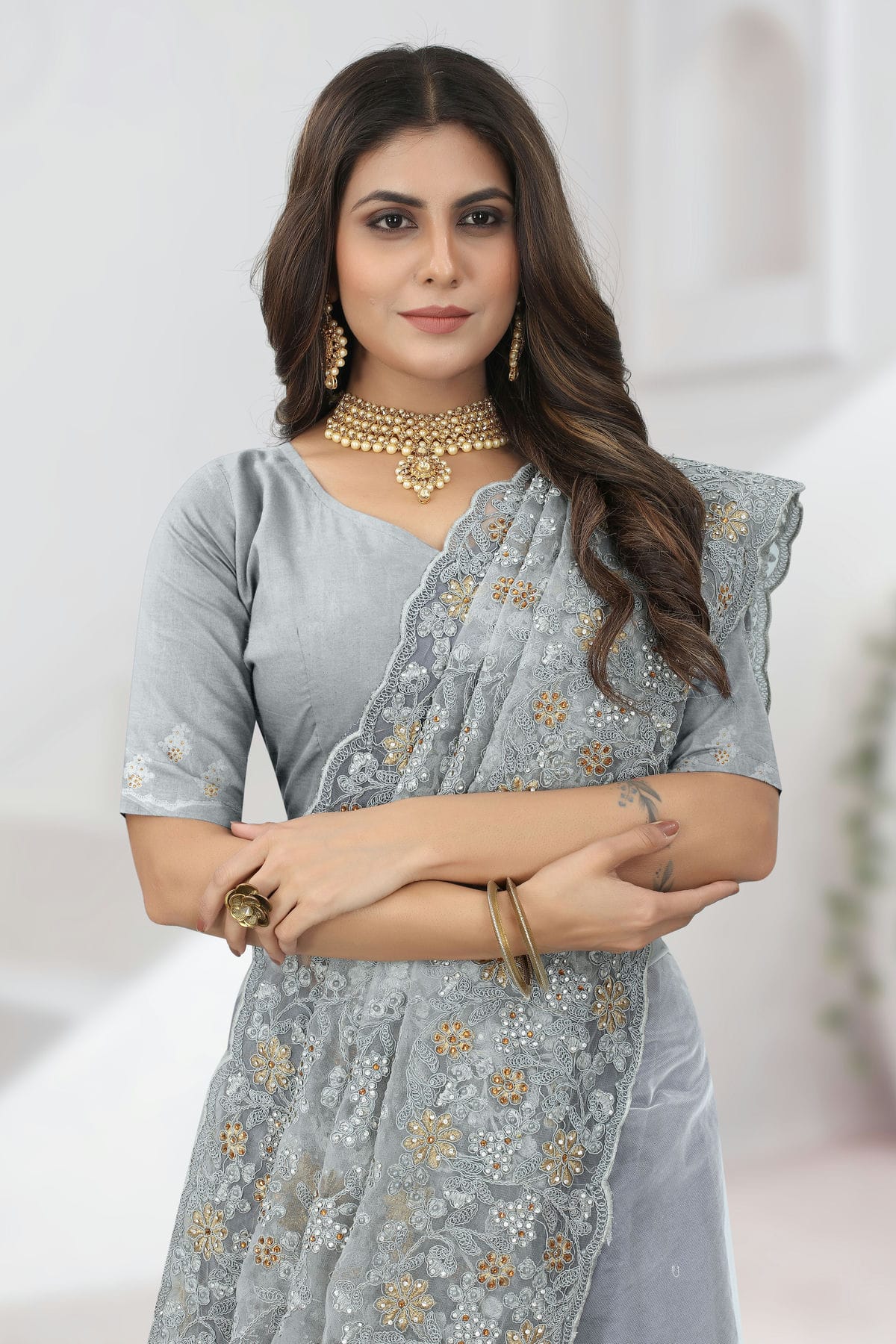 Grey Colour Net Saree VSSD1090838