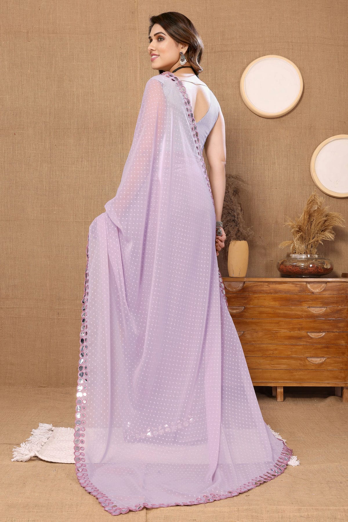 Lavender Colour Georgette Mirror Work Saree VSSD1180088