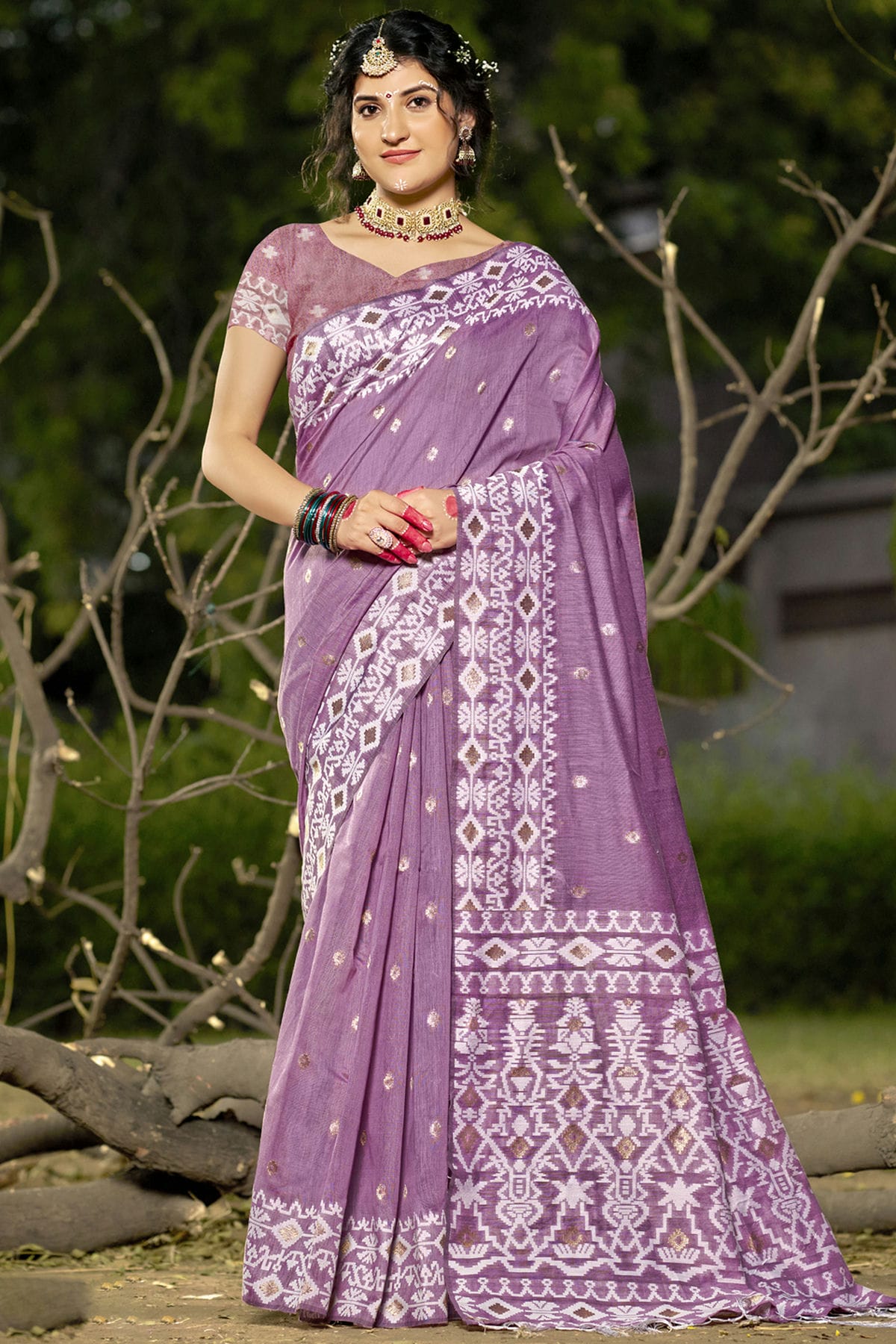 Lavender Colour Linen Cotton Woven Work Traditional Saree