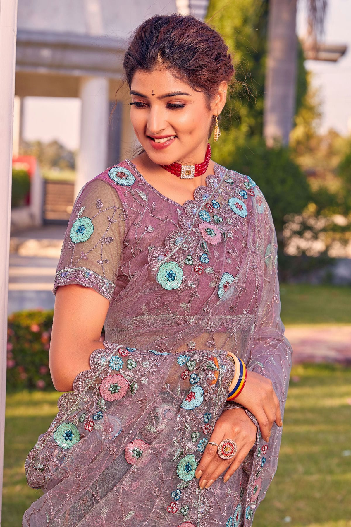 Lavender Colour Net Designer Saree VSLC1121358