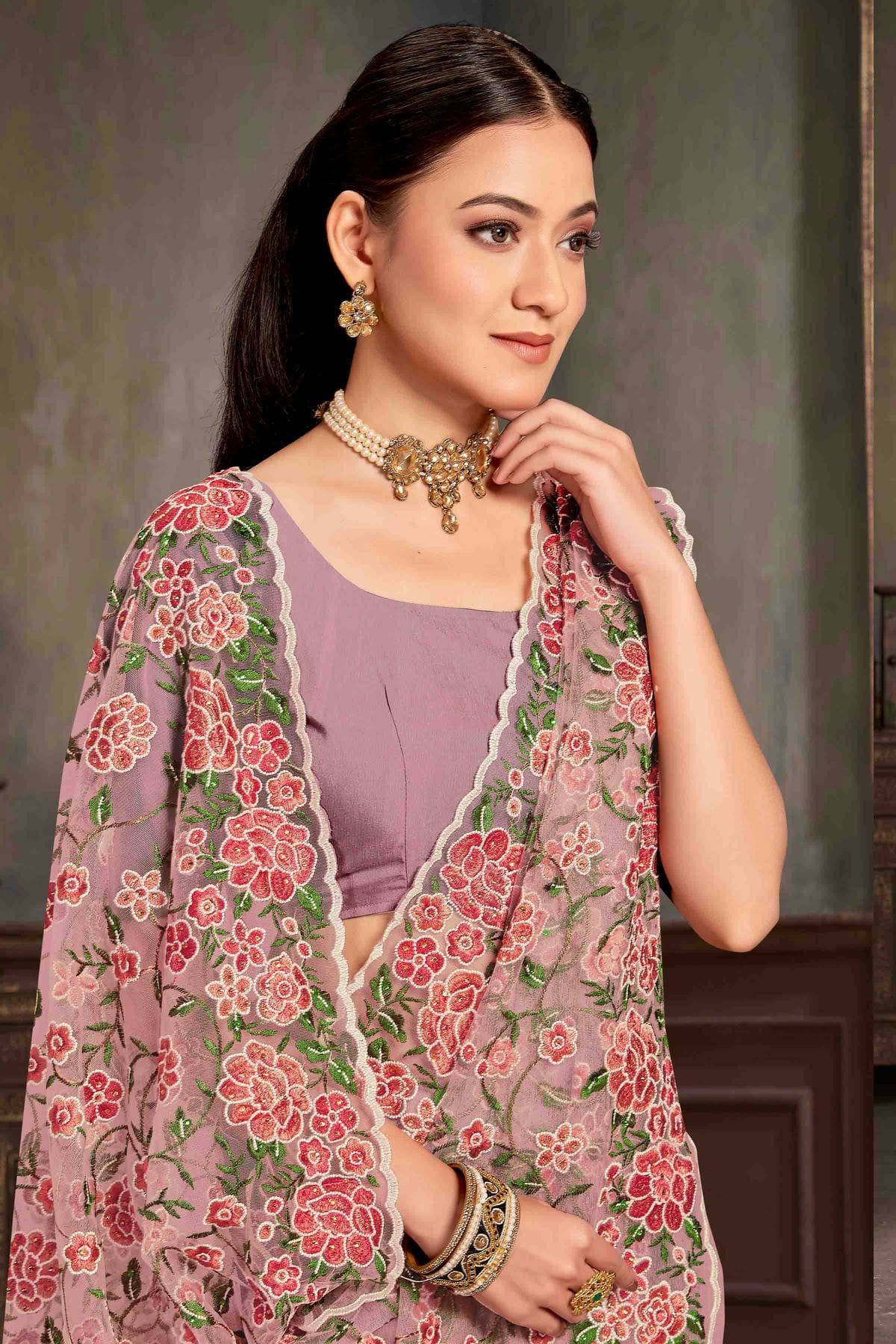 Lavender Colour Net Embroidery Work Designer Saree VSSD1091236