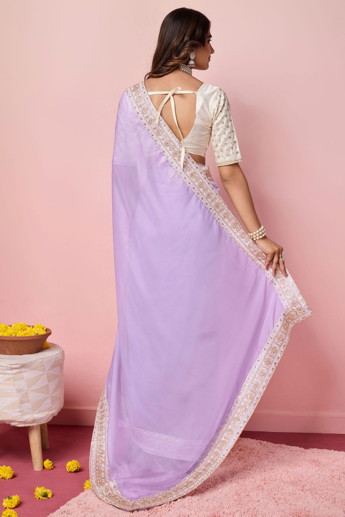 Lavender Colour Organza Designer Saree