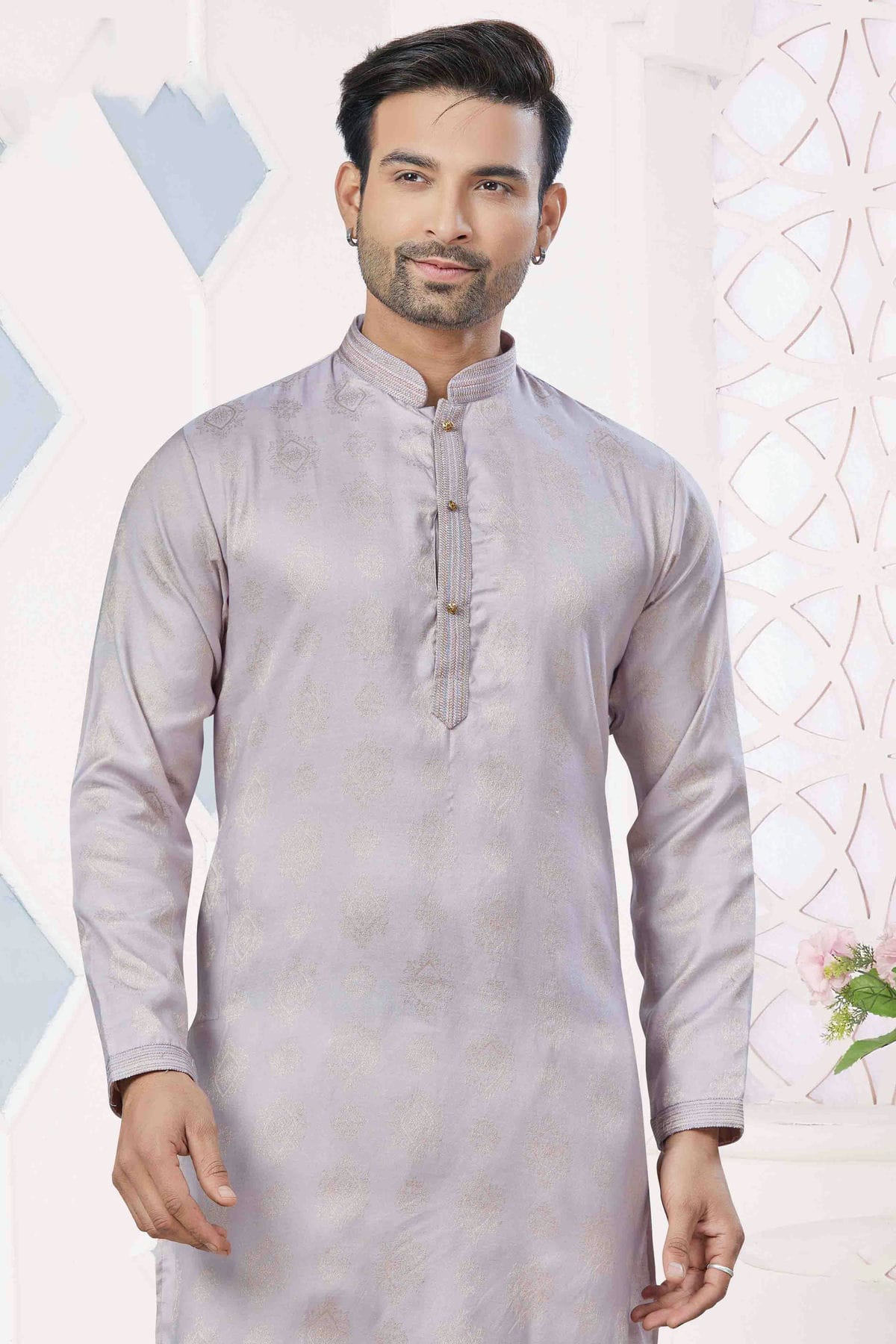 Lavender Colour Pintex Work and Woven Jacquard Silk Kurta Pajama VSKP1113404