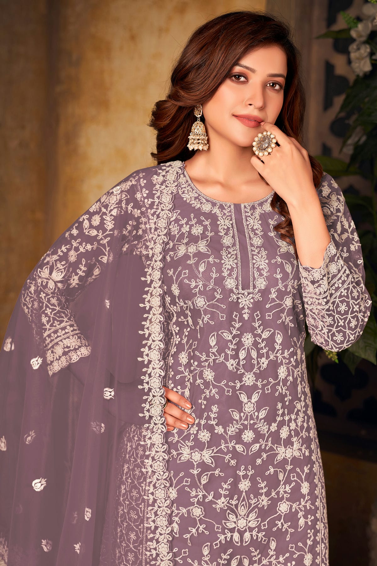 Lavender Colour Plazoo Pant Suit Net Semi Stitched VSSM1050525
