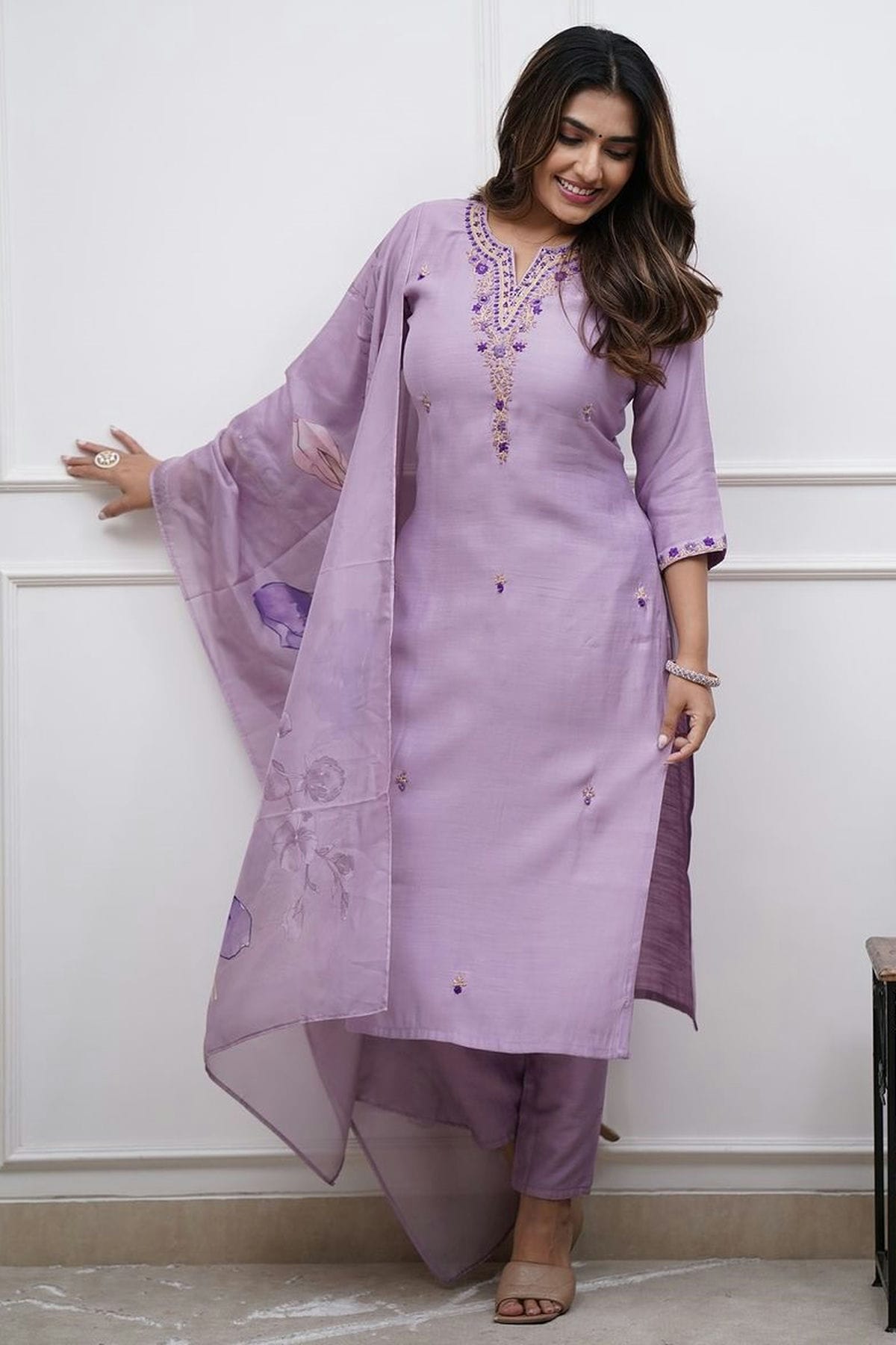 Lavender Colour Rayon Slub Stitched Suit