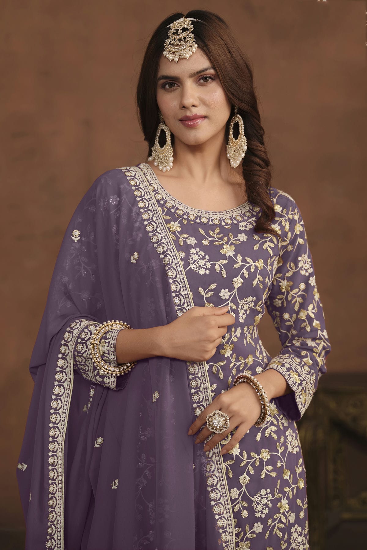 Lavender Colour Semi Stitched Faux Georgette Sharara Suit VSSM1050466