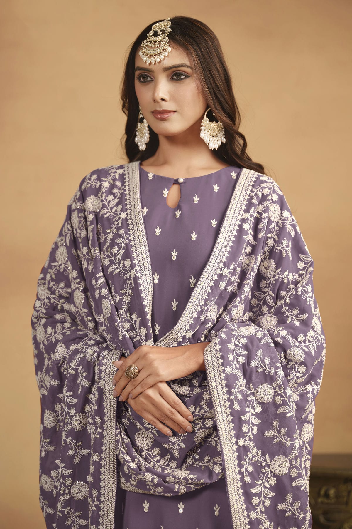Lavender Colour Straight Suit Faux Georgette Semi Stitched VSSM1050486