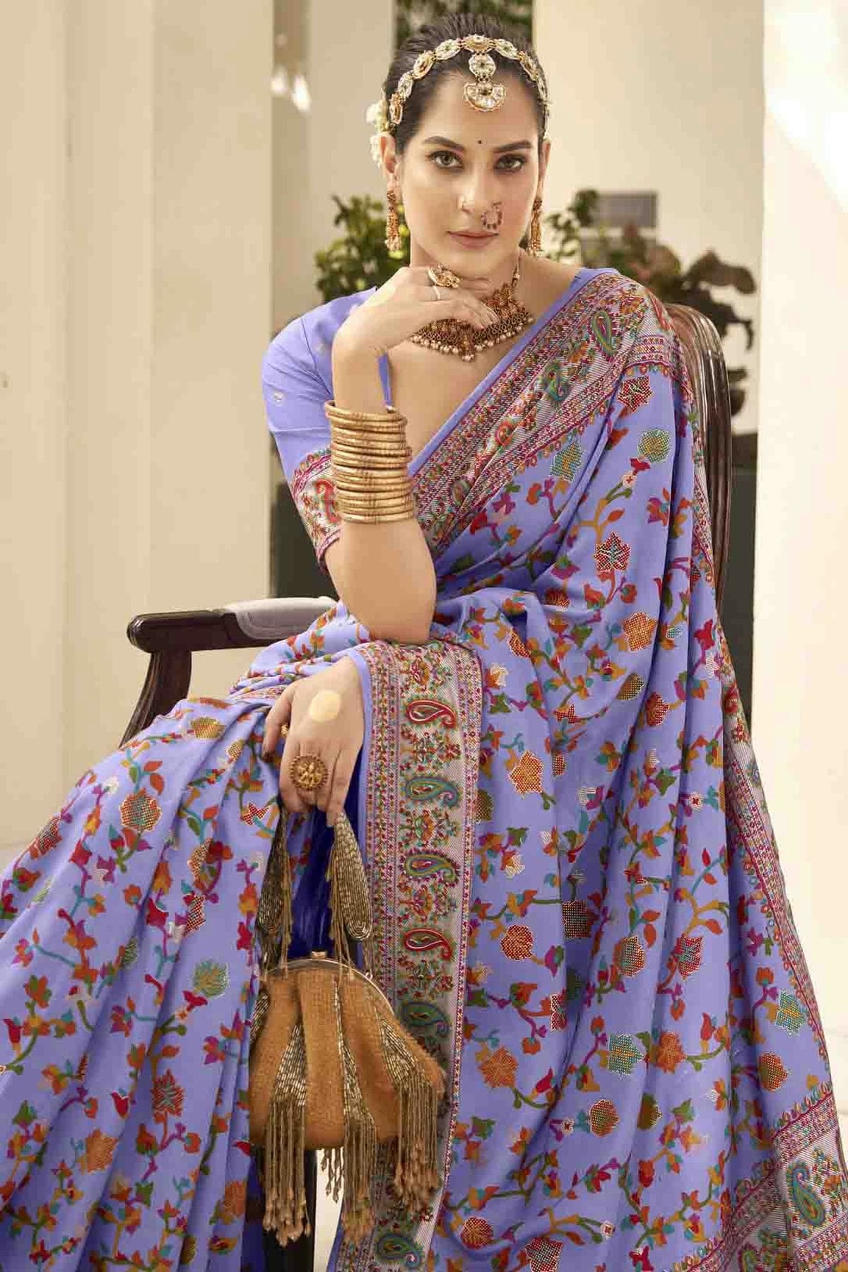 Lavender Colour Velvet Tussar Silk Floral Printed Traditional Sarees VSSD1113757