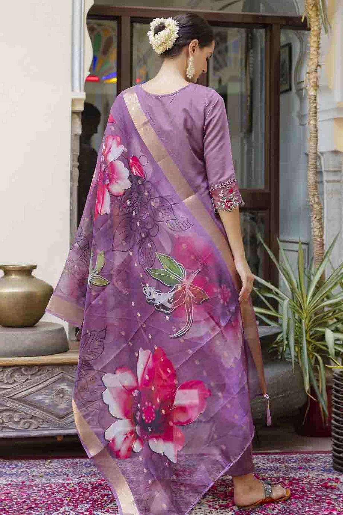 Lavender Colour Viscose Roman Silk Embroidery Pant Style Suit VSSS1113653