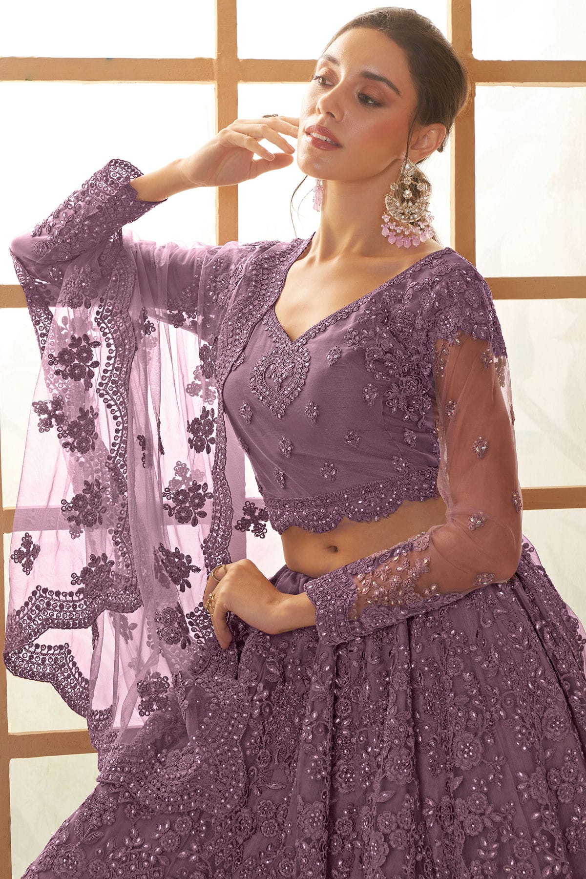 Lavender Embroidery Net and SilK Lehenga Choli VSLC1290139