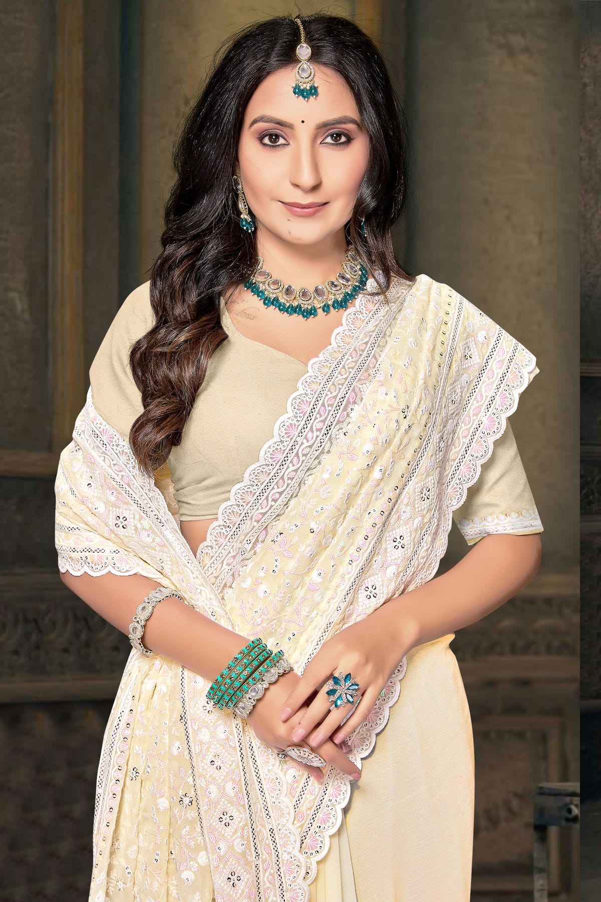 Lemon Yellow Colour Georgette Designer Saree