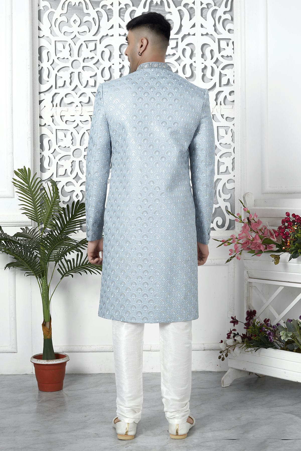 Light Blue Colour Art Silk Sherwani With Churidar Pant VSSH1230060