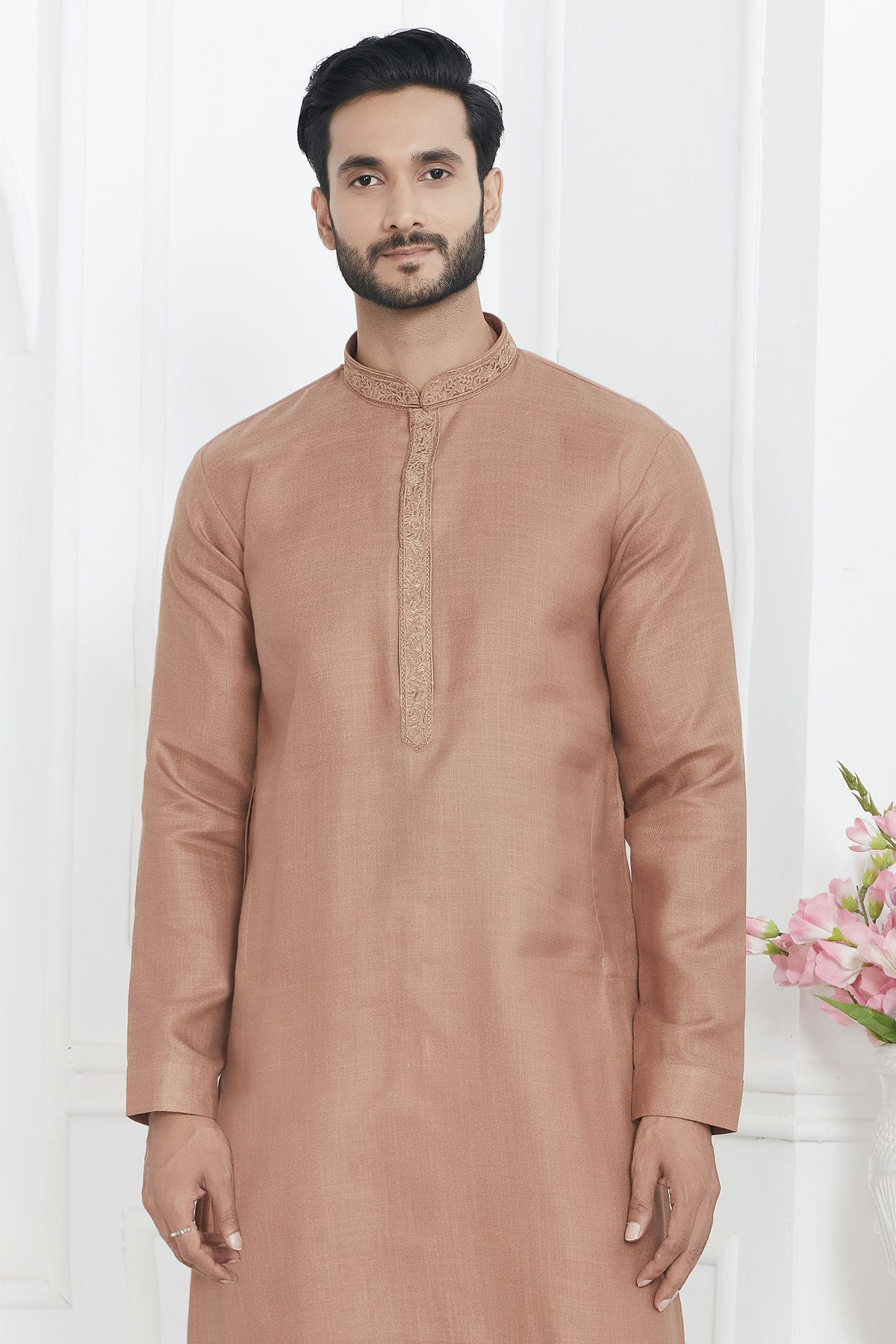Light Brown Colour Linen Cotton Thread Work Kurta Pajama VSKP1230143