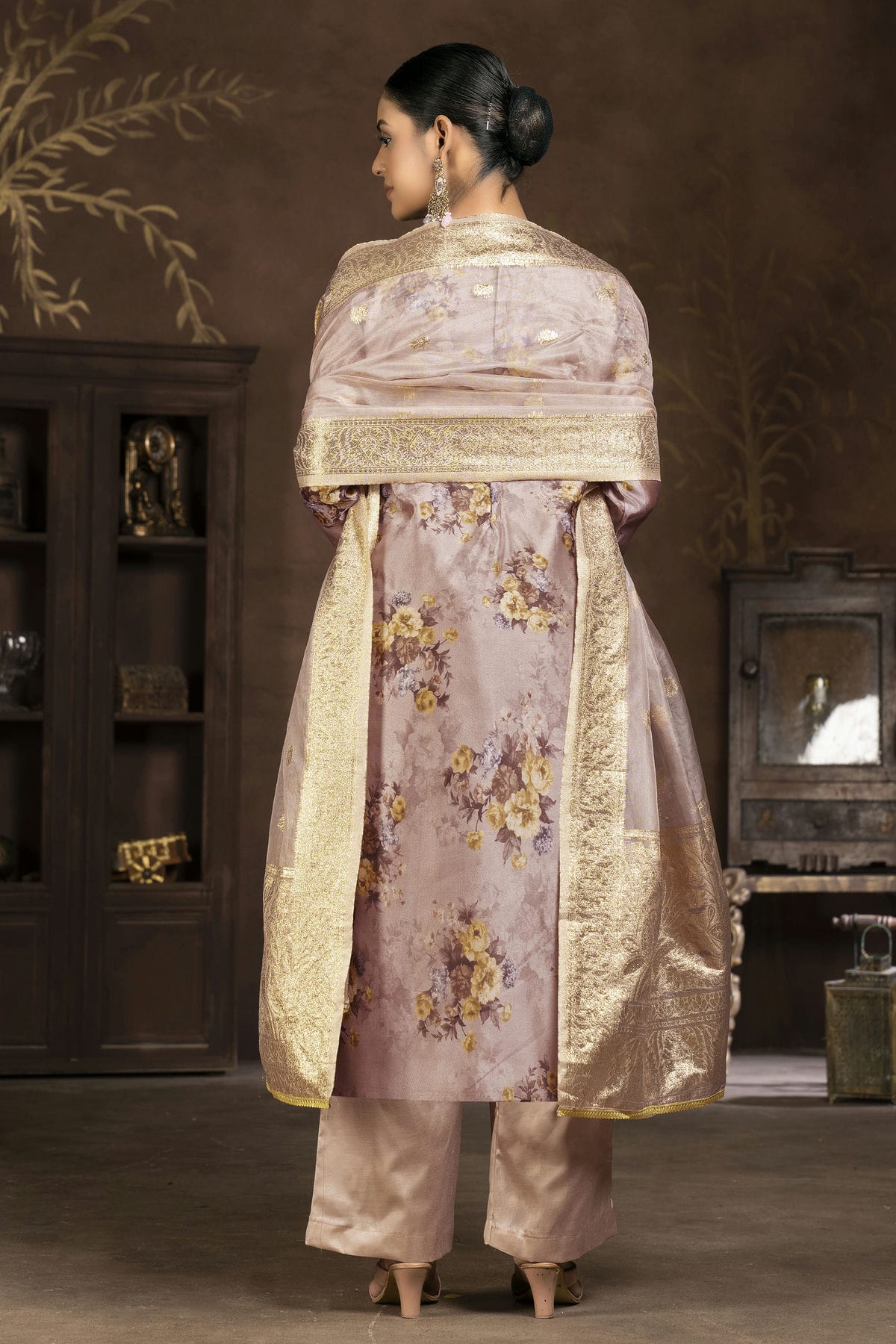 Light Brown Colour Unstitched Organza Pant Style Suit VSUS1161254