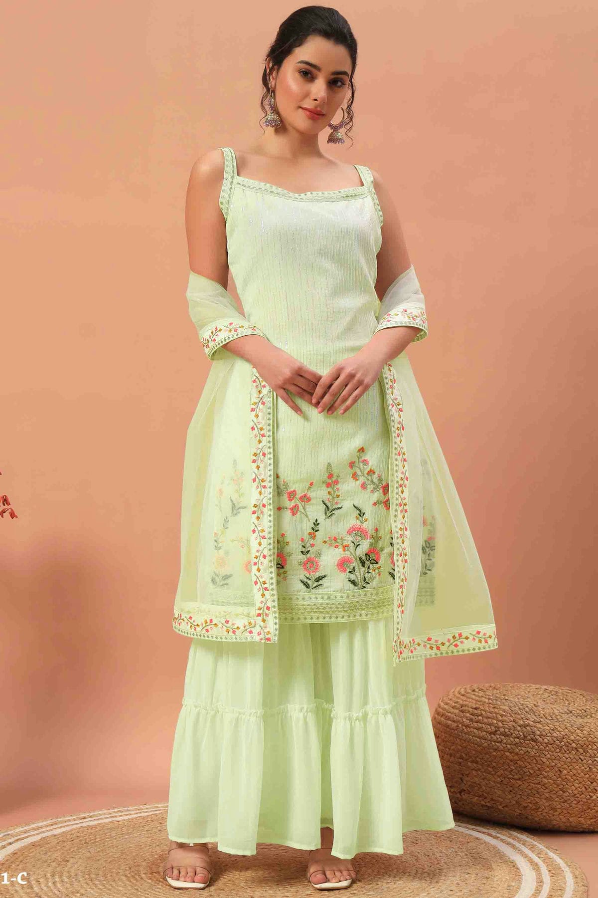 Shop Light Green Georgette Stitched Sharara Suit VSSS