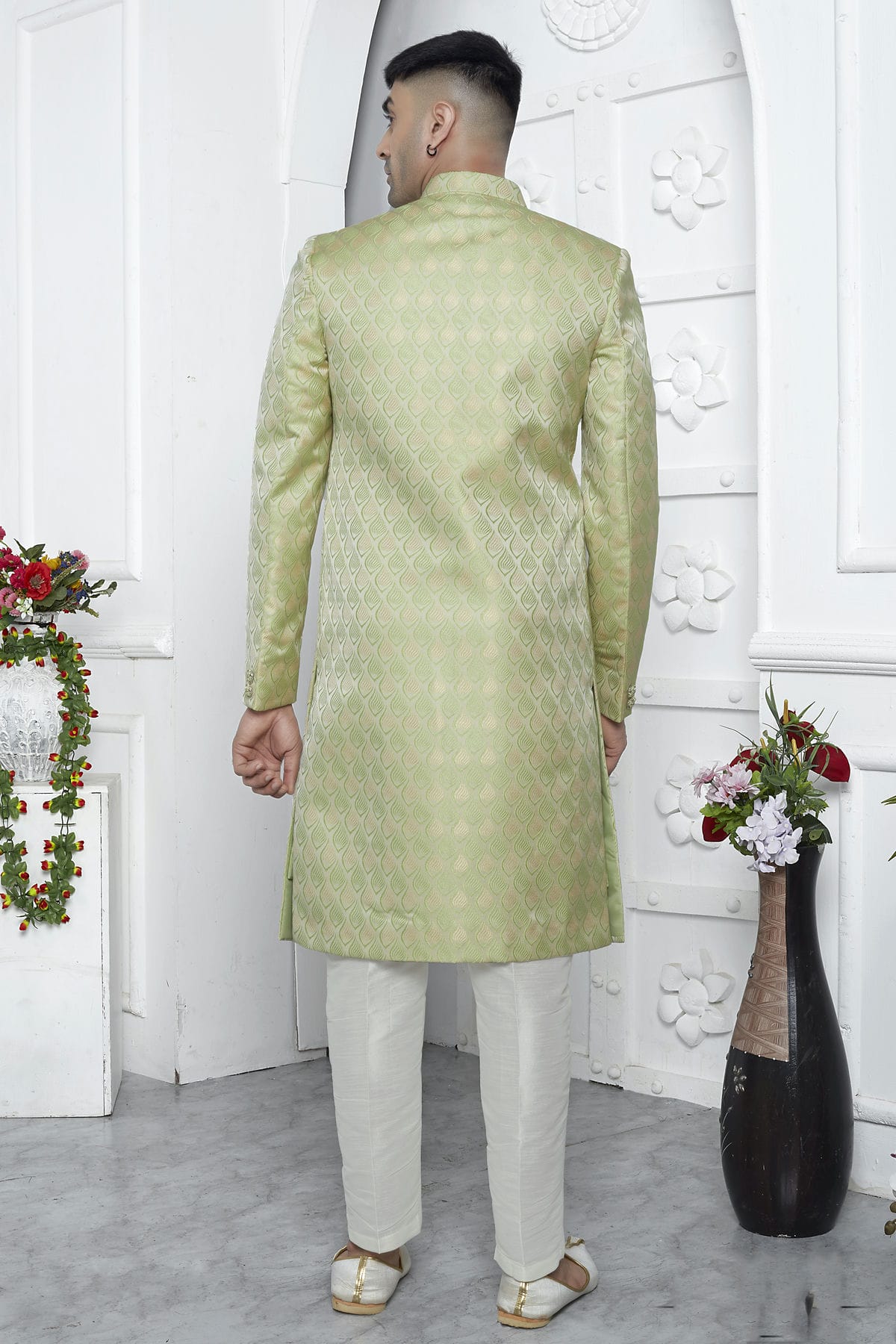Light Green Colour Jacquard Silk Indowestern Sherwani With Aligadhi Pant VSSH1230030