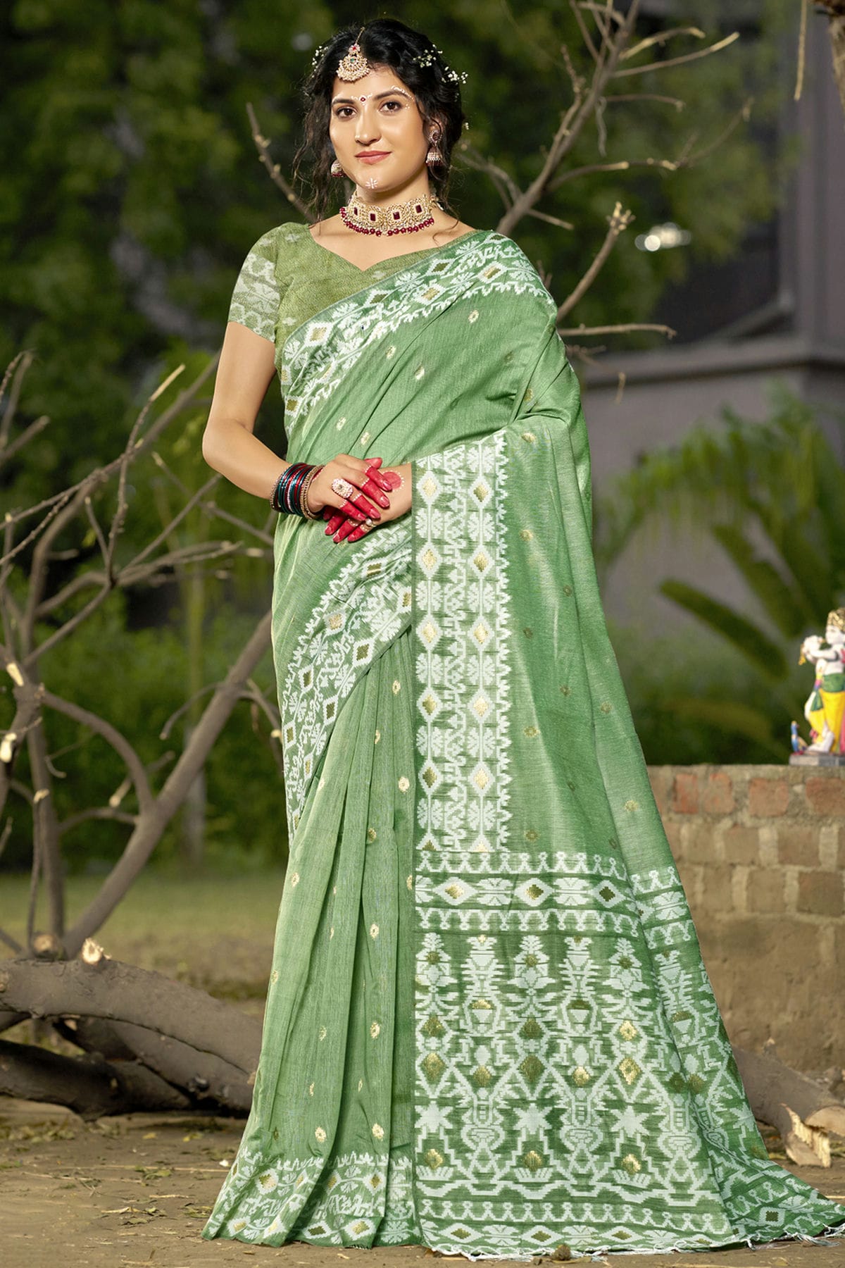 Light Green Colour Linen Cotton Woven Work Traditional Saree