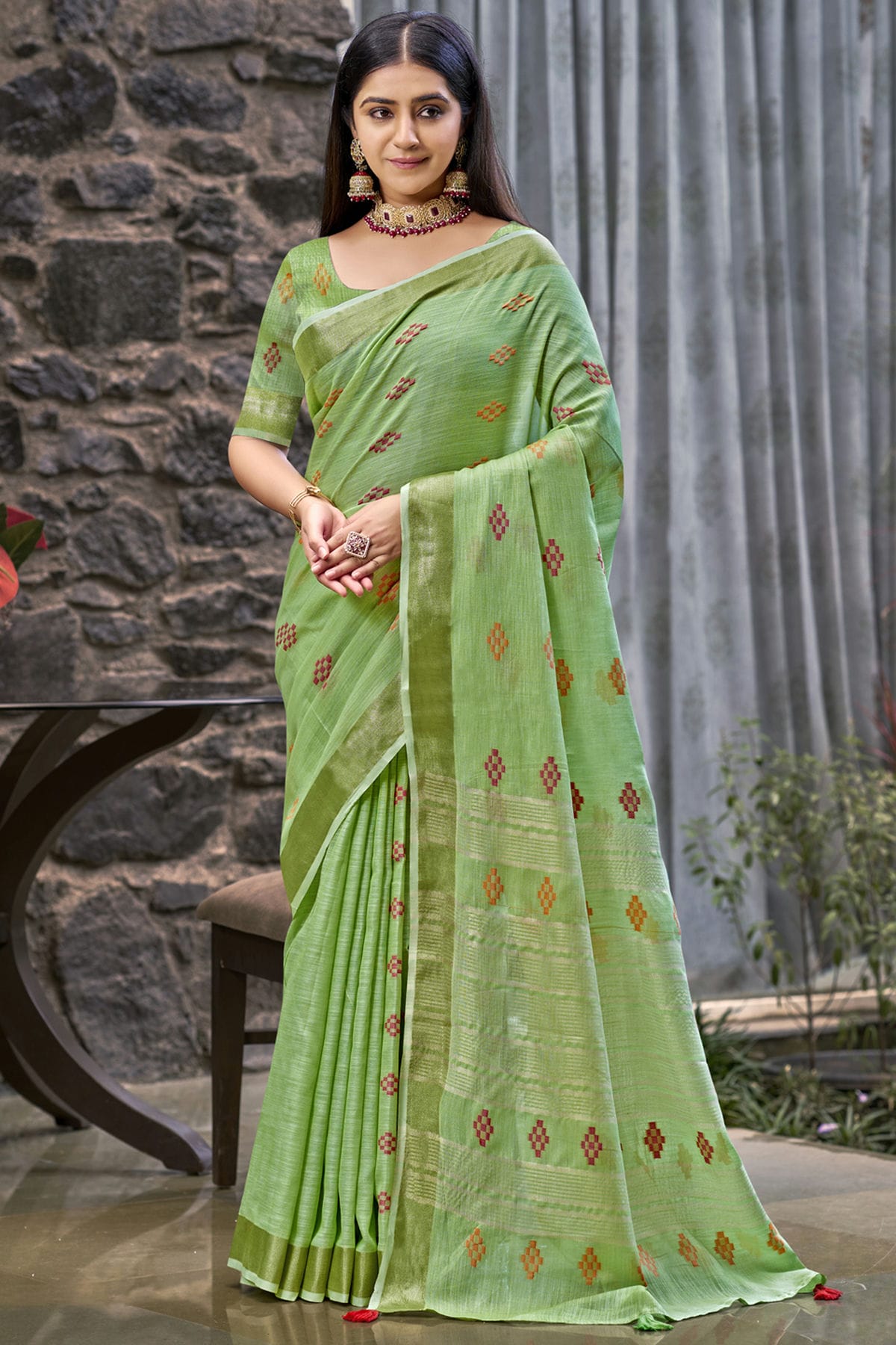 Light Green Colour Linen Woven Work Traditional Saree
